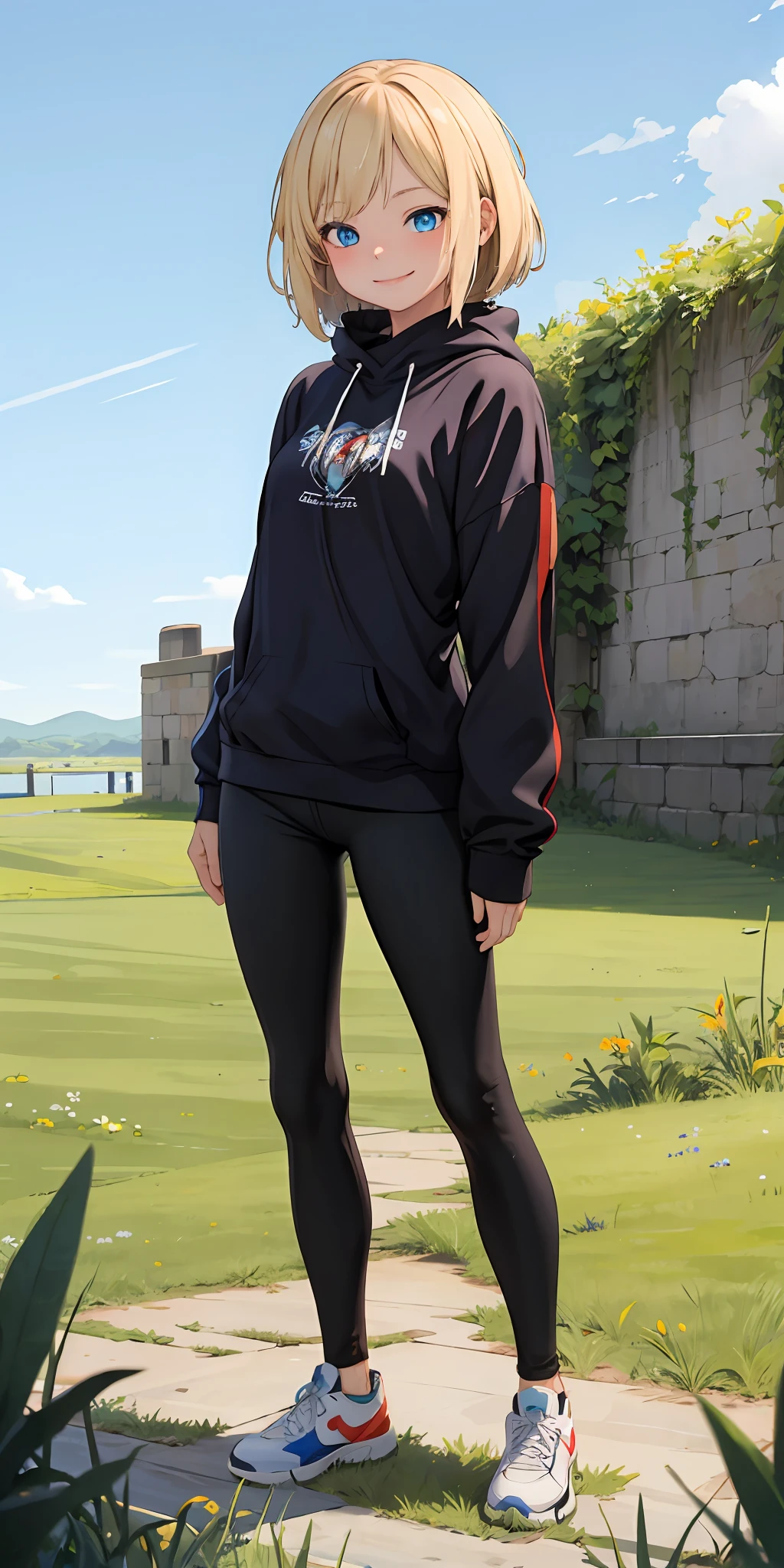best quality, masterpiece, small breasts, smile, sweatshirt, leggings, outdoors, anime style, grass field, daytime, blue sky, blue eyes, detailed eyes, medium hair, blonde hair, loose hair, bangs,