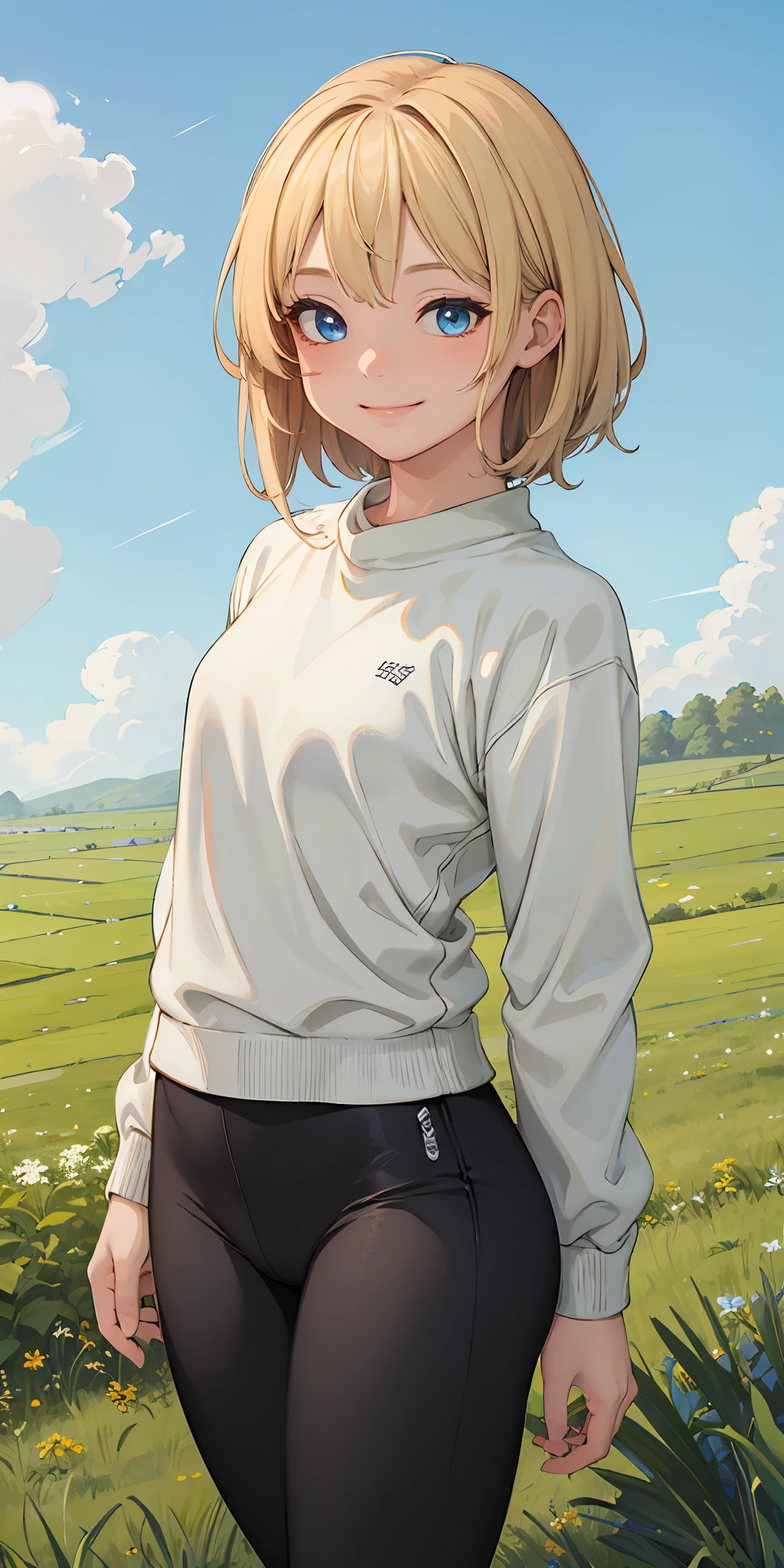 best quality, masterpiece, small breasts, smile, sweatshirt, leggings, outdoors, anime style, grass field, daytime, blue sky, blue eyes, detailed eyes, medium hair, blonde hair, loose hair, bangs,