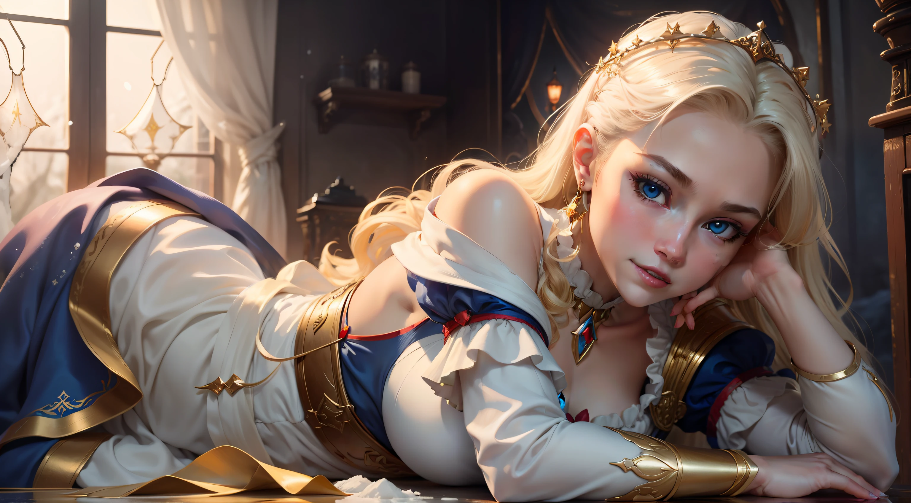 (RAW photogr,best qualtiy),Ultra-realistic:1.3,Masterpiece details,Super fine CG unified 8K wallpaper,dynamic angle,Fairytales,Breathtaking Snow White red and blue costumes,The world is proficient in theater,longevity_Paste_flowy,ink,Stunning cinematic lighting,Flash lens,classical_elegant,Fantastic Big Eyes,Heavy makeup:1.2,Charming smile:1.2,gold foil,Sony main shot,Beautiful as pure as snow,White Skin Skin,Gorgeous costume coverage,Clothing covers the chest,Keep girls,On the wall are oil paintings of seven dwarfs:1.5。"