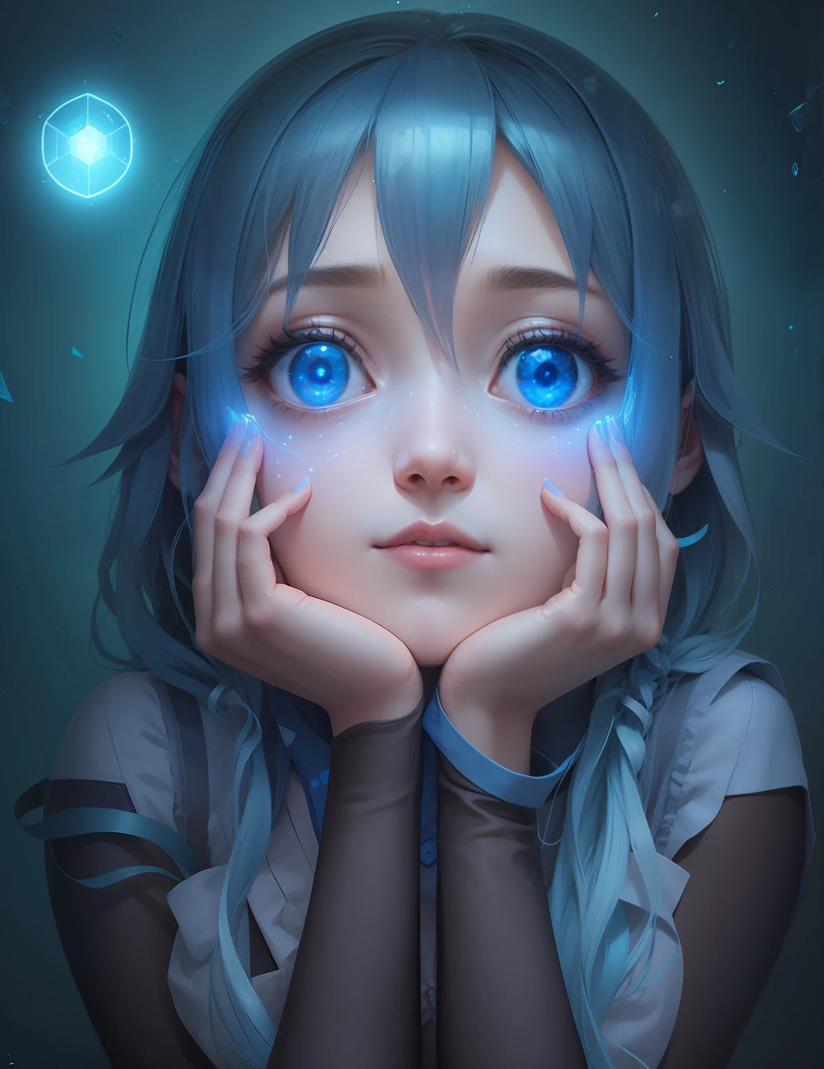 A girl connected to internet through her mind, virtual glass, blue decor, superb, Alice in Diffusion land