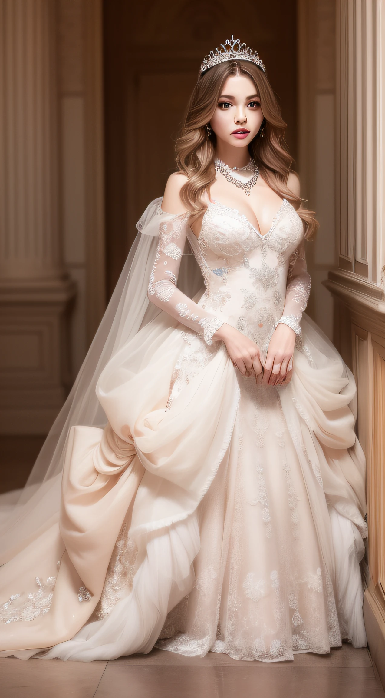 ​masterpiece, top-quality, hight resolution, photographrealistic,、One adult woman、(Princess Line Dresses)、Full body posture、Beautiful Face Woman、Beautiful blonde long hair、Luxurious necklace、Luxurious tiara、Beautiful eyes、Beautiful mouth、