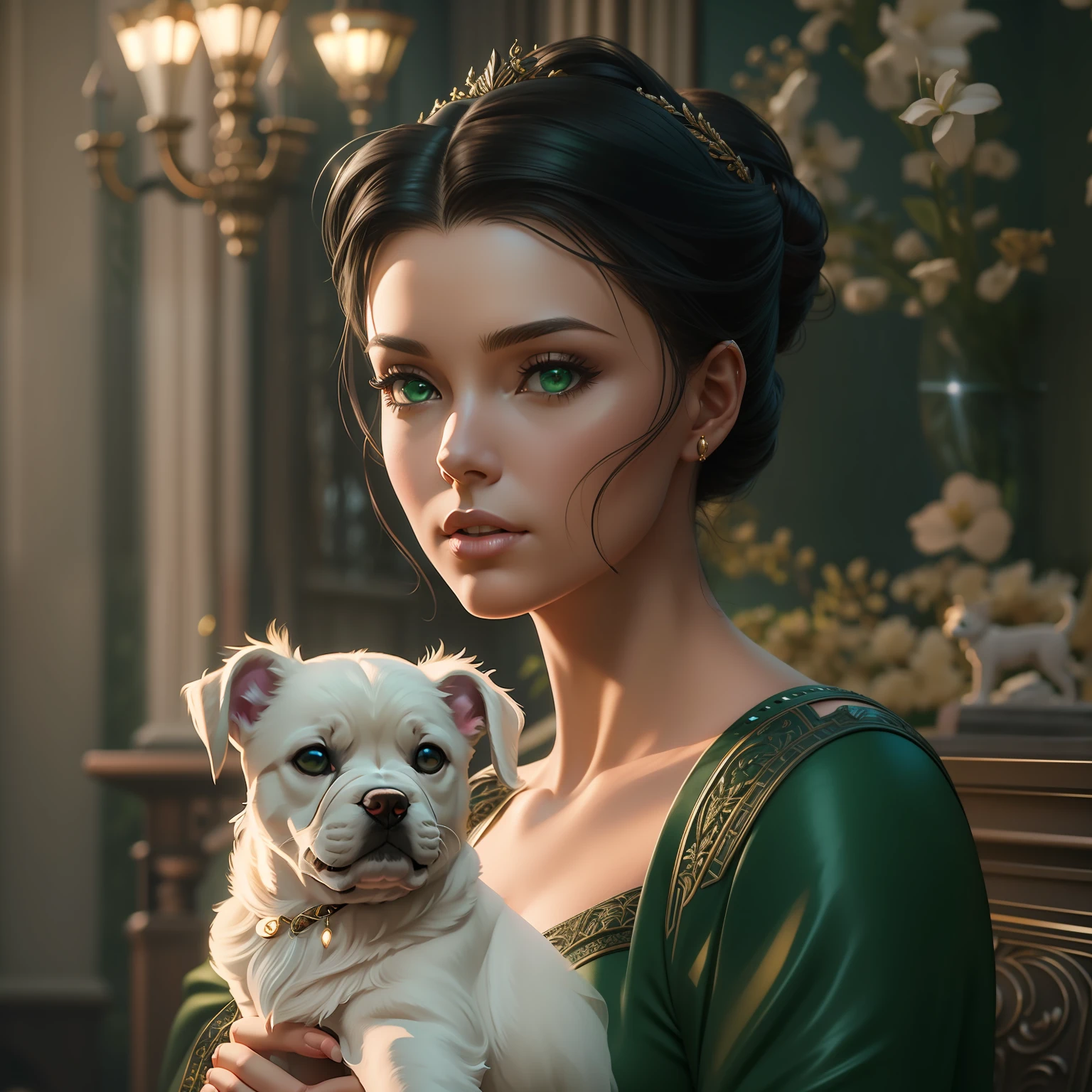 Masterpiece, best quality, A stunning image of a woman, she is Julianne, delicate with black straight hair styled in a bun, dark green eyes, and full lips, around 19 years old, scarlett ohara perfectly detailed facial traits, with a white puppy dog, and she is on a countryside mansion victorian era. Photoshoot, Shot on 25mm lens, Depth of Field, Tilt Blur, Shutter Speed 1/1000, F/22, White Balance, 32k, Super-Resolution, Pro Photo RGB, Half rear Lighting, Backlight, Dramatic Lighting, Incandescent, Soft Lighting, Volumetric, Conte-Jour, Global Illumination, Screen Space Global Illumination, Scattering, Shadows, Rough, Shimmering, Lumen Reflections, Screen Space Reflections, Diffraction Grading, Chromatic Aberration, GB Displacement, Scan Lines, Ambient Occlusion, Anti-Aliasing, FKAA, TXAA, RTX, SSAO, OpenGLShader’s, Post Processing, Post-Production, Cell Shading, Tone Mapping, CGI, VFX, SFX, insanely detailed and intricate, hyper maximalist, elegant, dynamic pose, photography, volumetric, ultra-detailed, intricate details, super detailed, ambient –q2 --ar 2:3