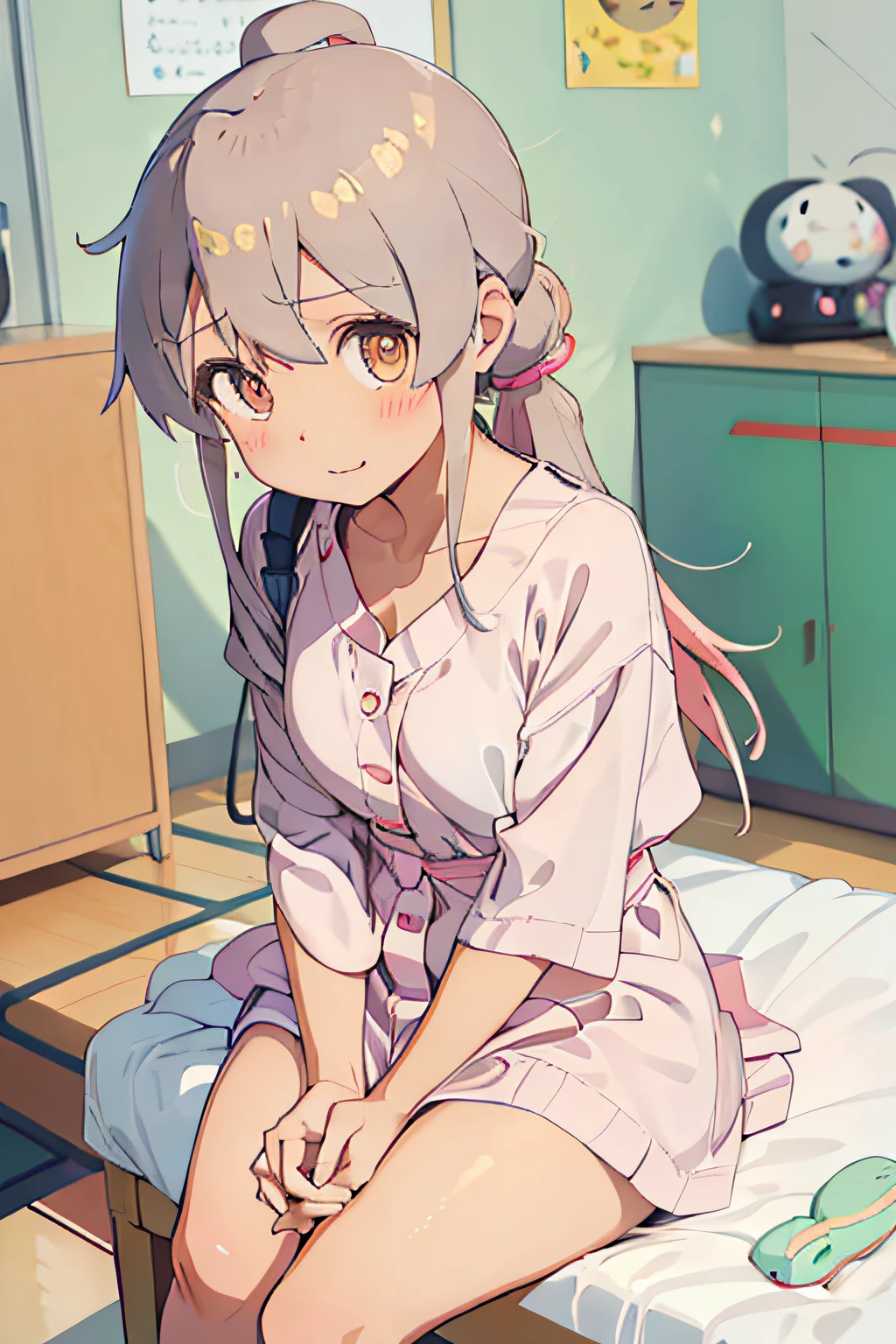 anime visual of a cute girl, Anime moe art style, Soft anime illustration, cute anime girl portraits, Cute anime girl portrait, cute kawaii girls,Yukata style clothing,bathrobe,looks away,embarressed,Be red in the face:3.0,anime big breast,Classroom,(Underwear is white),Oyama Makoto,Shy,smallunderboob,duck sitting,(perfect hand,perfect anatomia), (Dynamic angles and poses:1.3), Good angle,Anime girl sitting on bed,Legs crossed,((yoga pose, sitted)),