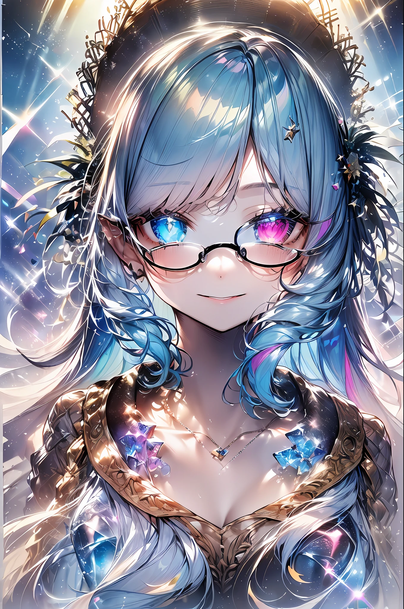 ((masterpiece、top-quality、Watercolor art(Pendants)、Official art、Beautifully Aesthetic:1.2))、(the golden ratio:1.2)、(ultra-detailliert:1.3)、(1girl in:1.3)、(Fractal Art:1.3)、full body Esbian、((Glitter pupils))、patterns、((rainbow-colored hair、colourful hair、Half light blue and half blue hair:1.2))、colourfull、Writing、(heterochromia iridis)、(colourfull:1.5)、((Shy face))、((robe blanche))、(Hyper-detailing), ((delicate detail)), (intricate detailes), ((ciinematic light, best quality backlight)), highcontrast, ((The best lighting, extremely delicate and beautiful)), ((ciinematic light))、(ray trace reflection、brilliance)、((glowing aura))、((Radiant hair))、((The ultra-detailliert))、((8K))、((write))、Delicate beautiful face and eyes,Focus on Face, masterpiece,Shock sensation、(realisitic:0.5)、Original 2 High Saturation、((Neat and clean woman))、((tiarra))、nigh sky、((night sky full of stars))、Princess、(((Shining eyes:2))),(((Crystal pupil:1.3))),(((Big eyes:1.3)))、(((Crystals in the eye:1.5))),((Victorian era dresses))、((Face up:2))、(Round glasses)
