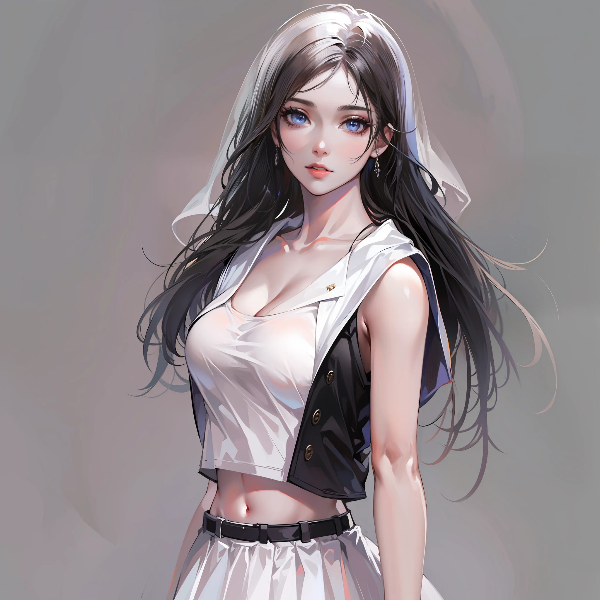 hyper HD, Masterpiece, Textured skin, Super detail, High details, High quality, Best quality, A high resolution, 8K, 16k，full body,1girl,wearing a white skirt with long black hair，realistic face,realism, a character portrait, （white background:1.8)