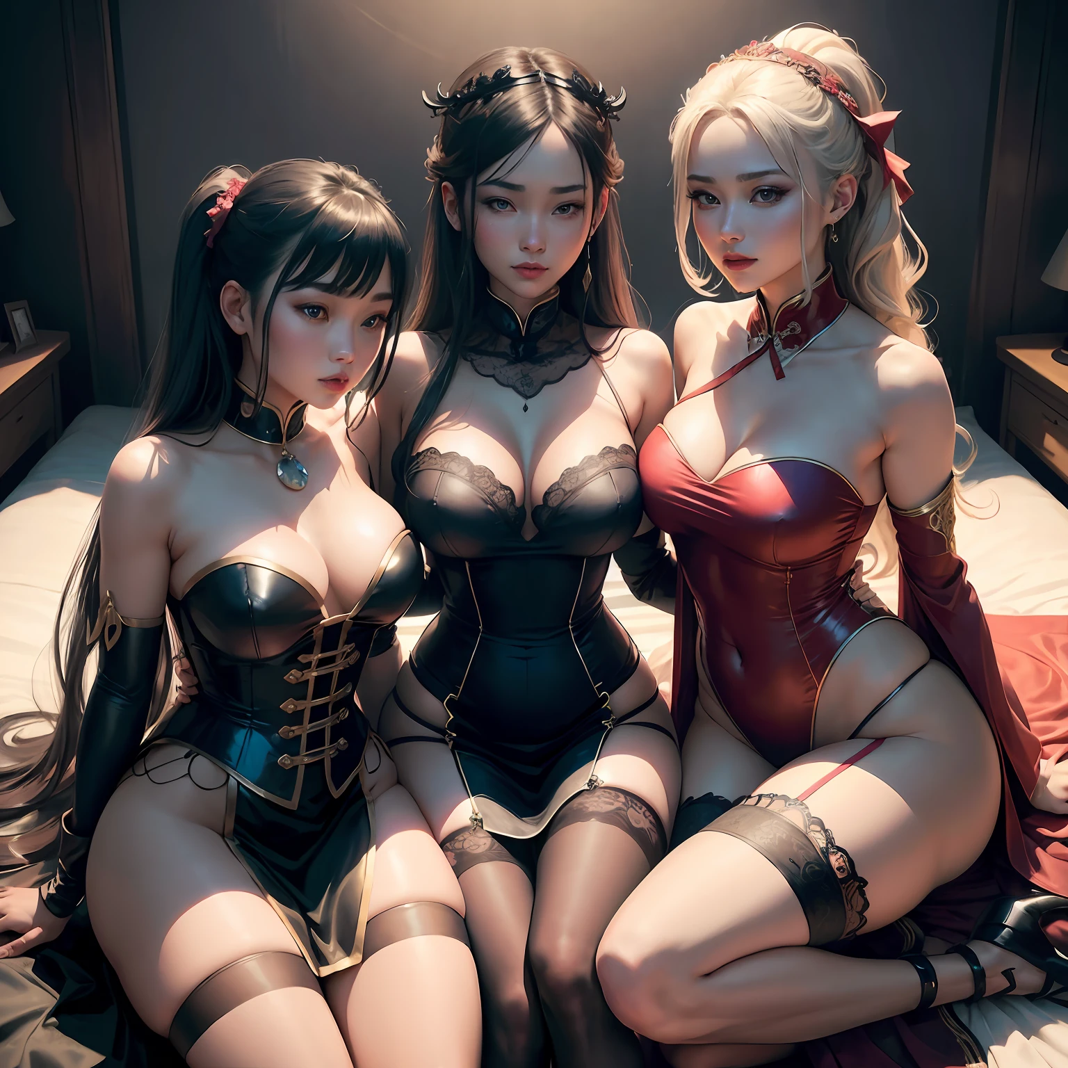 best quality, masterpiece, highres, 3 noble girls, luxury chambers bedroom background, lying on bed, lesbians, making out, kissing, intimate, laying on eachother, kneeling, shot from behind, touching eachother, seducing, snapping, eighteen forbidden, asian style, hanfu, white and even teeth, irises, full body shot, shot from behind, chinese women's clothing, chinese traditional dress, long dress, different colors, wearing a nightgown thin lace deep slit chest, chinese underwear, stockings, wearing stockings, lace stockings, mesh stockings with hooks on underwear, garter belt, lace socks worn at the waist, high heels, high boots, high leather boots, corsait, turtleneck polo lace top, choker, leash, BDSM, chains, chained, long gloves, makeup, eyes with very sharp and detailed makeup, lipstick, very long hair, ponytail, hair ornaments, necklace, jewelry, crown jewelry, Pretty face, magic import style, tyndall effect, photo realistic, dark studio, border light, two tone light, (high detail skin: 1.2), 8k uhd, dslr , soft light, high quality, volumetric light, candid, Photo , high resolution, 4k, 8k, Bokeh, In the Dark: 1.6), surreal full body of women by David Hockney and Alphonse Mucha, fantasy art, photorealism, dynamic lighting, station art, posters, volumetric lighting, highly detailed faces , super 8k, Awarded, in the dark, deep shadow, low light, bust, Royal style family, Best face, Very round and tight breasts, Surreal, guweiz, (full body), (Background detail 1.8), moderately big butt, --auto