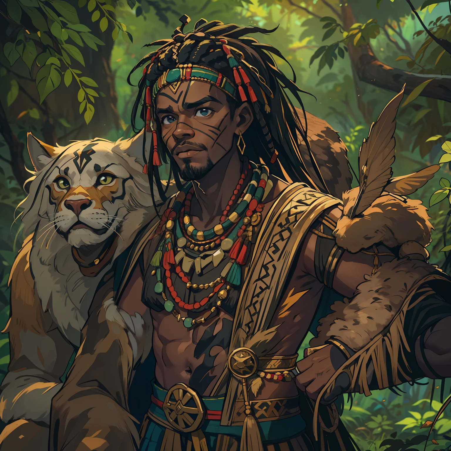 Um homem negro bonito com pele negra africana, He's a forest hunter, Wearing tribal costumes with African tribal accessories, pelo corpo, Wakanda Cultural, africanos, Ele tem cabelos ondulados, cabelos castanhos cacheados, um forte, homem viril com um sorriso suave, This man is in middle age, He has the traits of a 30-year-old man; uma arte medieval rpg