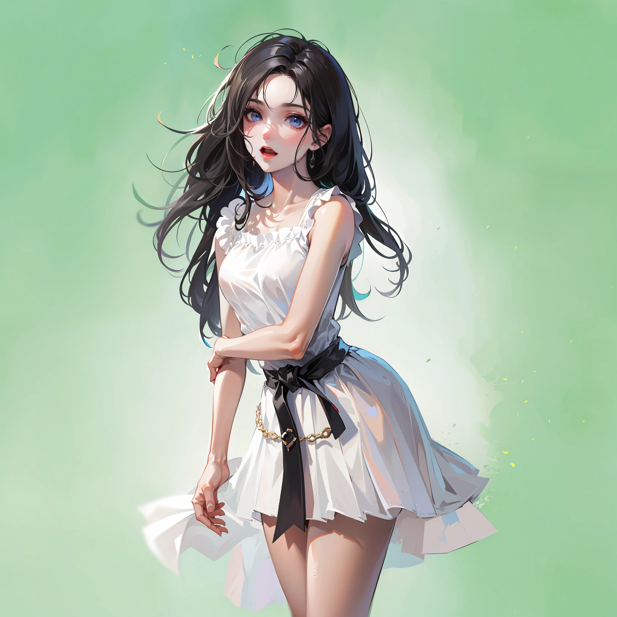 hyper HD, Masterpiece, Textured skin, Super detail, High details, High quality, Best quality, A high resolution, 8K, 16k，full body,1girl,wearing a white skirt with long black hair，realistic face,realism, a character portrait, （white background:1.5)