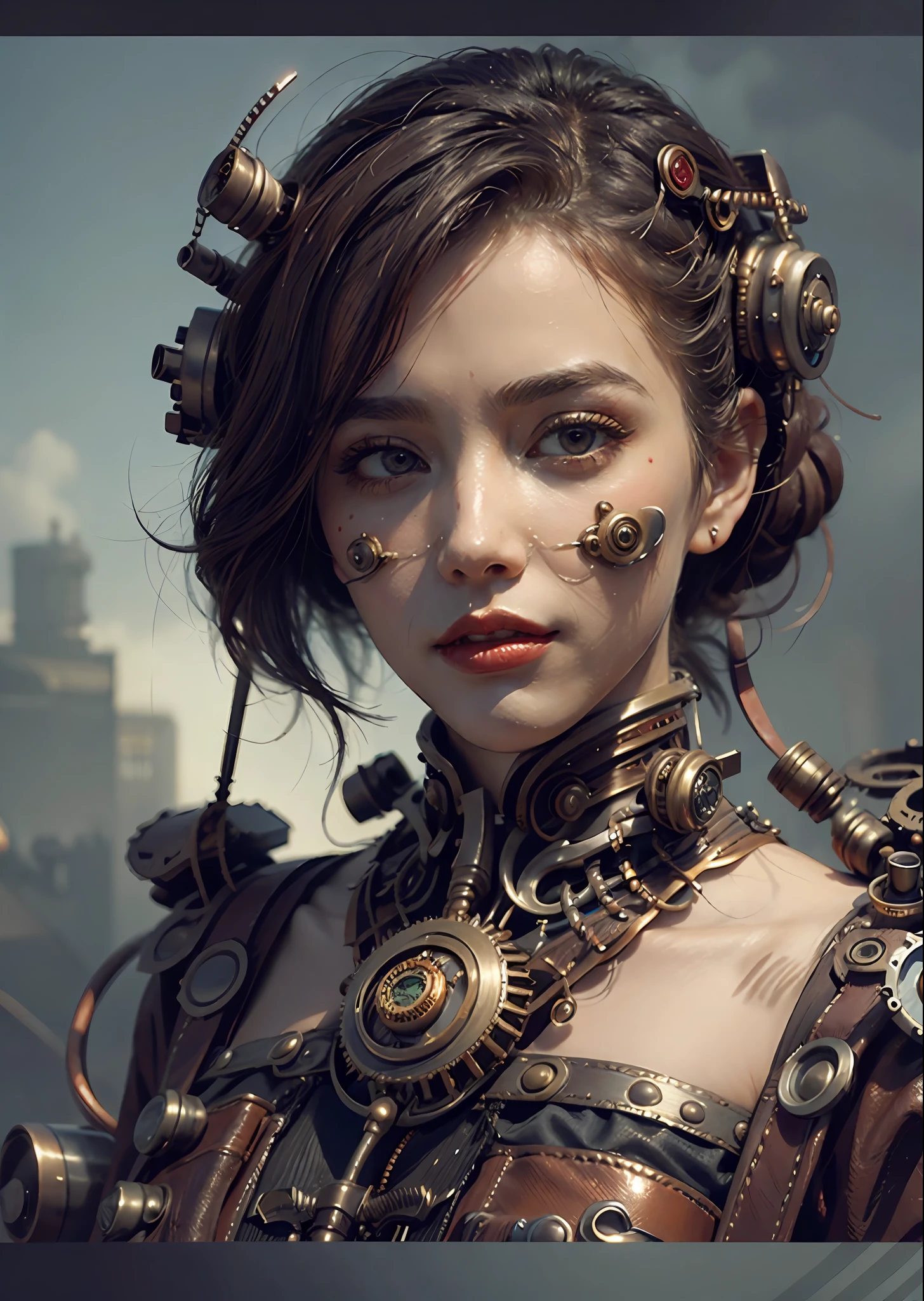 There's a woman facing, super close, jaqueta de couro steampunk, arte conceitual steampunk, arte steampunk digital, arte steampunk de alta qualidade, Wojtek FUS, arte digital steampunk, detailed steampunk illustration, Portrait of a mechanical woman, arte steampunk, estilo de arte dieselpunk, cyberpunk steampunk, estilo de fantasia steampunk, Arte digital altamente detalhada em 4k, sci-fi steampunk