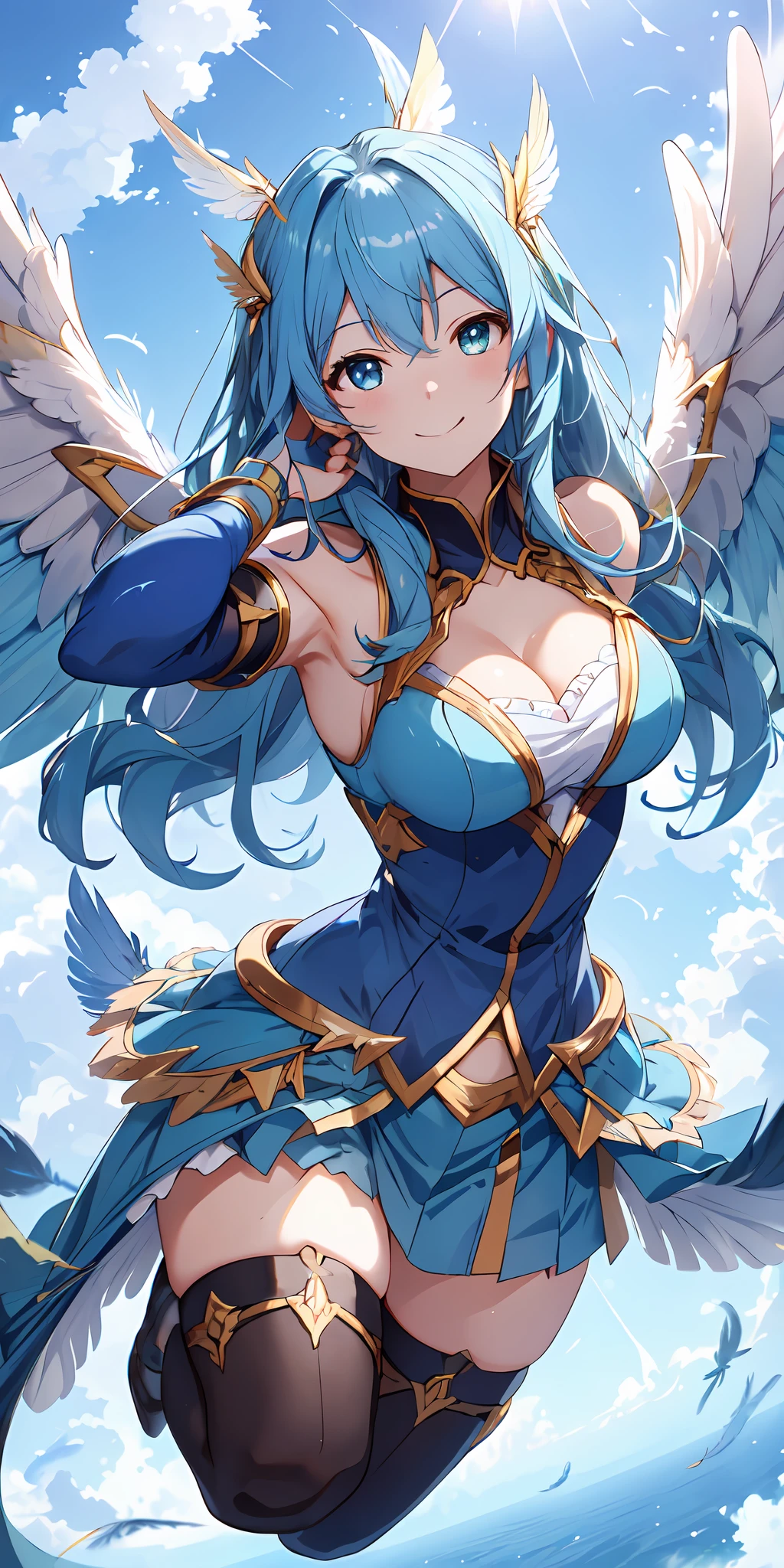 ((4K,masutepiece,Best quality)), Break、maxikit, Beautiful beautiful girl, Solo, full bodyesbian, wide shoot,(((Lovely angels flying in the blue sky))), fantasy, grand angel wings, Big smile, Long blue wavy hair, Blue hair, Delicate eyes,Break、 beautifullydetailedbackground, (((on cloud))), (((Fly at full speed、Full flight to the lens)))、 (2 large feathers:1.3), Lens flare,The 5 fingers of each hand are super detailed,