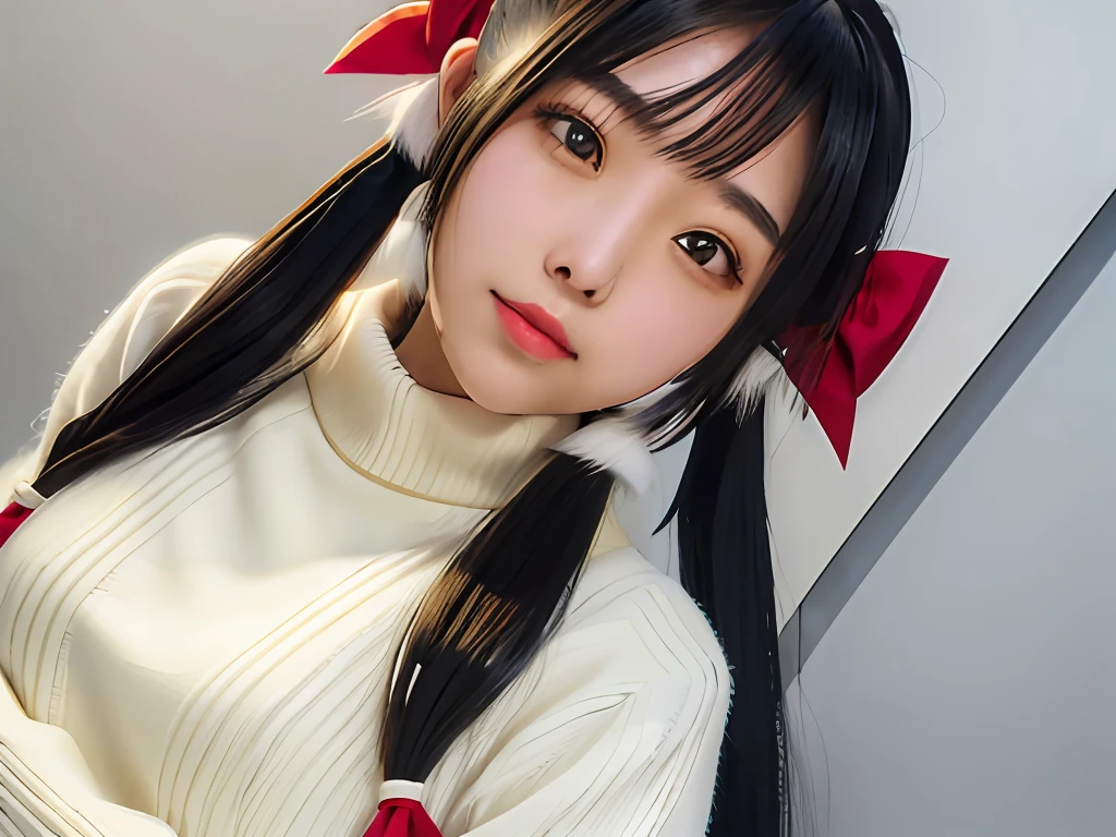 Allafard Asian girl，long whitr hair，White sweater red bow, Yoshitomo Nara, chiho, double tails, narumi kakinouchi, sakimichan, shiori teshirogi, ulzzangs, Twin tail hairstyle, twintails white_mitts