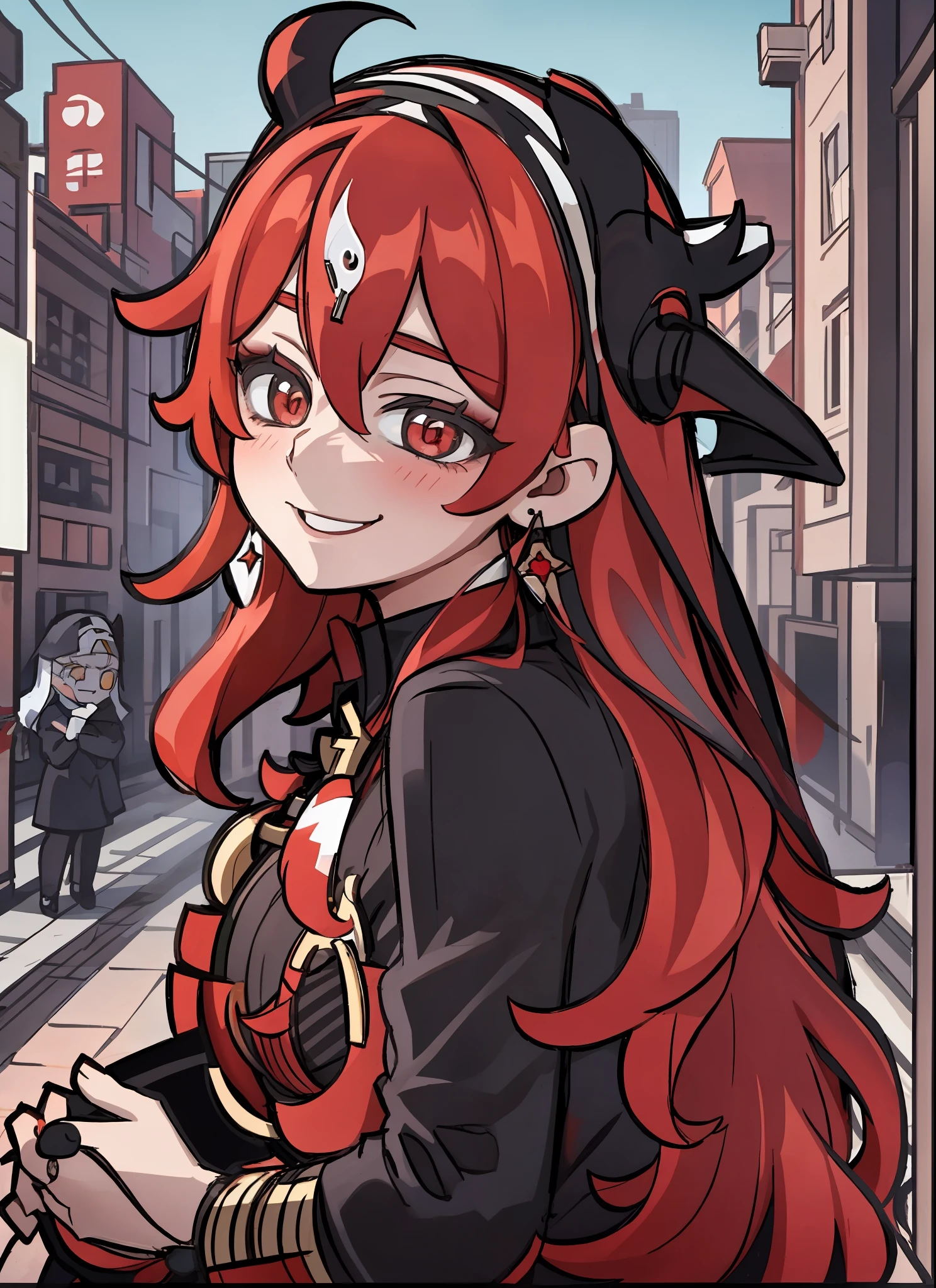 chibi, love in eyes, long red hair, red pupils, blushing, cute, smug, smile, rolling eyes, black nun outfit, goat horn, black earring