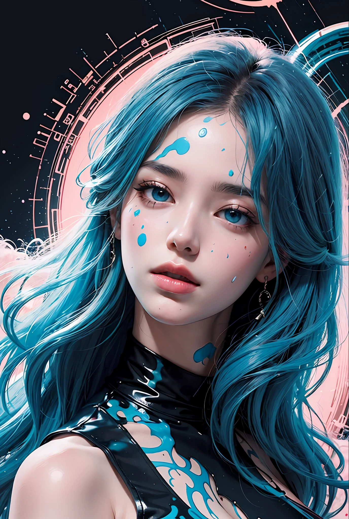 a woman with blue hair wearing a colorful outfit and a colorful background with paint splatters on it, by Hirohiko Araki,official art, unity 8k wallpaper, ultra detailed, beautiful and aesthetic, masterpiece, best quality, (zentangle, mandala, tangle, entangle), 1girl, extremely detailed, dynamic angle, cowboyshot, the most beautiful form of chaos, elegant, a brutalist designed, vivid colours, romanticism, by james jean, roby dwi antono, ross tran, francis bacon, michal mraz, adrian ghenie, petra cortright, gerhard richter, takato yamamoto, ashley wood, atmospheric, ecstasy of musical notes, streaming musical notes visible