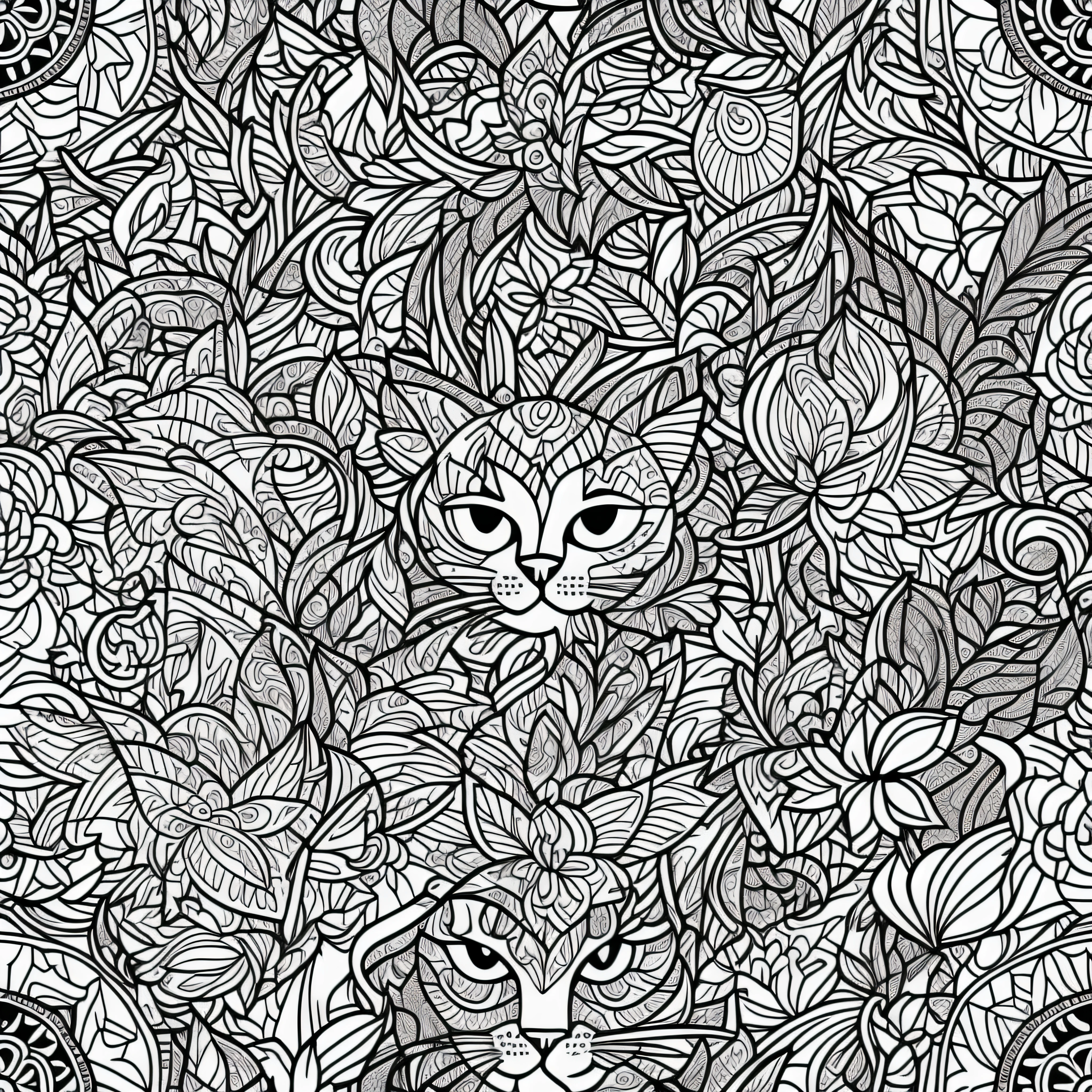 livro para colorir, Livro para colorir para adultos, Linhas conectadas, simetria, gato, cat, cat head, cutty cat, virado para a frente, preto e branco, trabalho de linha grossa, Great standards, negative space, thick pattern, sem fundo preto, Cute forest pattern background, desenho, nenhuma parte colorida de preto, efeito Mandala, Mandala, arte de linha fina de tinta estilizada, vetor, Adobe Illustrator, ...eps, African pattern, --style "Inspirado por Johanna Basford", --artistic_level "High", --book "Livros Secretos", create_ai_coloring_book, --AR 16:9 --upbeta --s 750