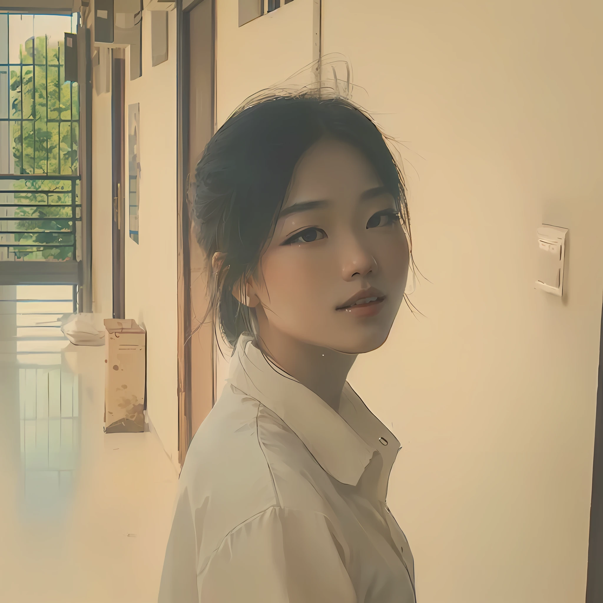 A woman stood in the hallway，in a white shirt, A young Asian woman, lofi portrait, lofi portrait at a window, cover photo portrait of du juan, xintong chen, Young Asian girl, nivanh chanthara, mingchen shen, Guviz-style artwork, wenfei ye, inspired by Xia Shuwen