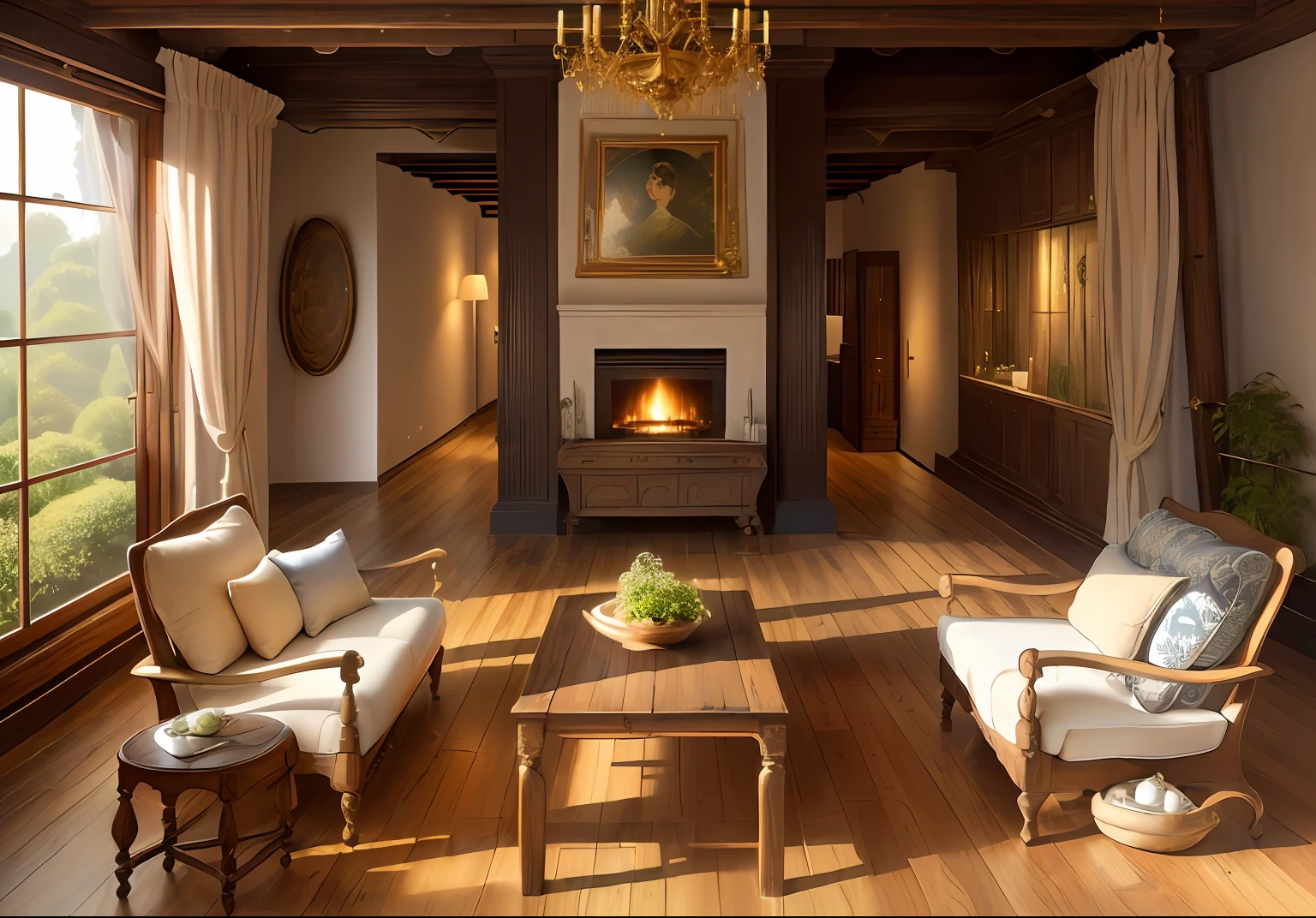 Indochine, white wall, wood floor, wood sofa