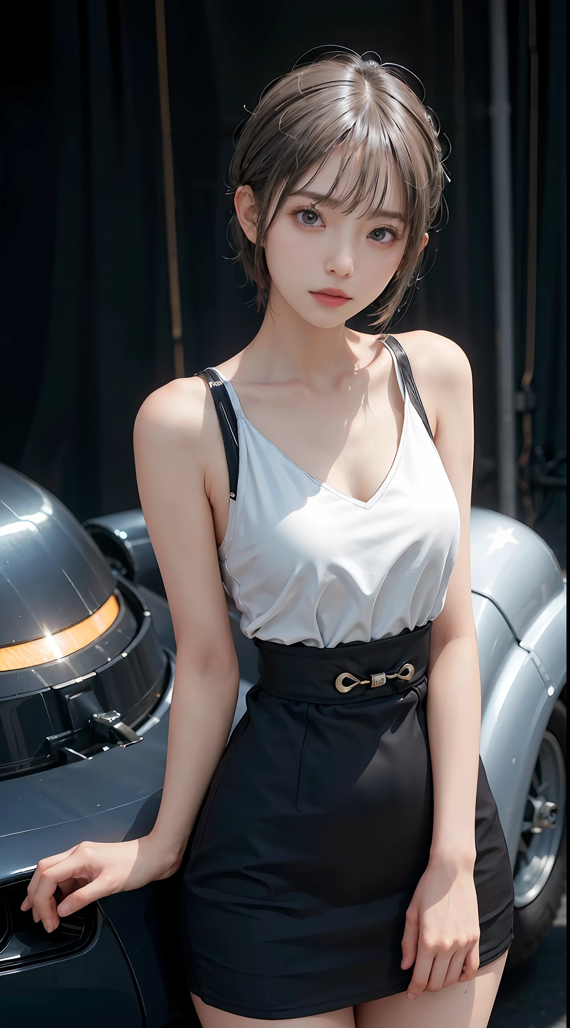 Masterpiece, 1 Beautiful Girl, Detailed Eyes, Swollen Eyes, Top Quality, Ultra High Resolution, (Reality: 1.4), Original Photo, 1Girl, Cinematic Lighting, Japanese, Asian Beauty, Korean, Very Beautiful, Beautiful Skin, Slender, Body Facing Front, (Ultra Realistic), (High Resolution), (8 K), (very detailed), (best illustration), (beautifully detailed eyes), (super detailed), detailed face, looking viewer, facing straight ahead, neat clothes, sleeveless, short hair, silver hair, 46 point slanted bangs, cyberpunk background, neat and clean,
