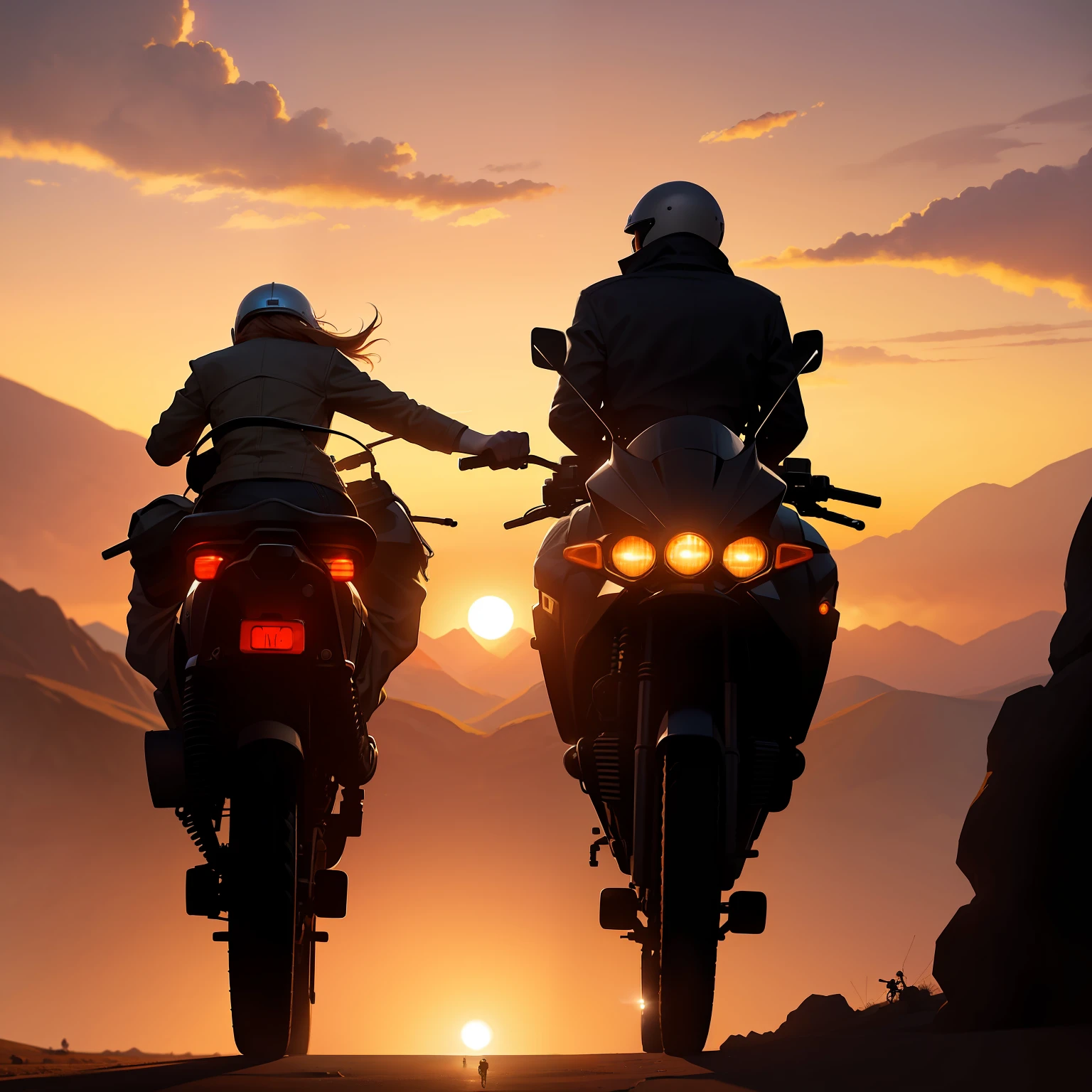 Two Riders of the Time riding side by side on two cool motorcycles into the dusty cloudy orange sunset in a desolated valley on a path leading to a futuristic city scape on the horizon into a large dome of clear blue sky. camera from behind
