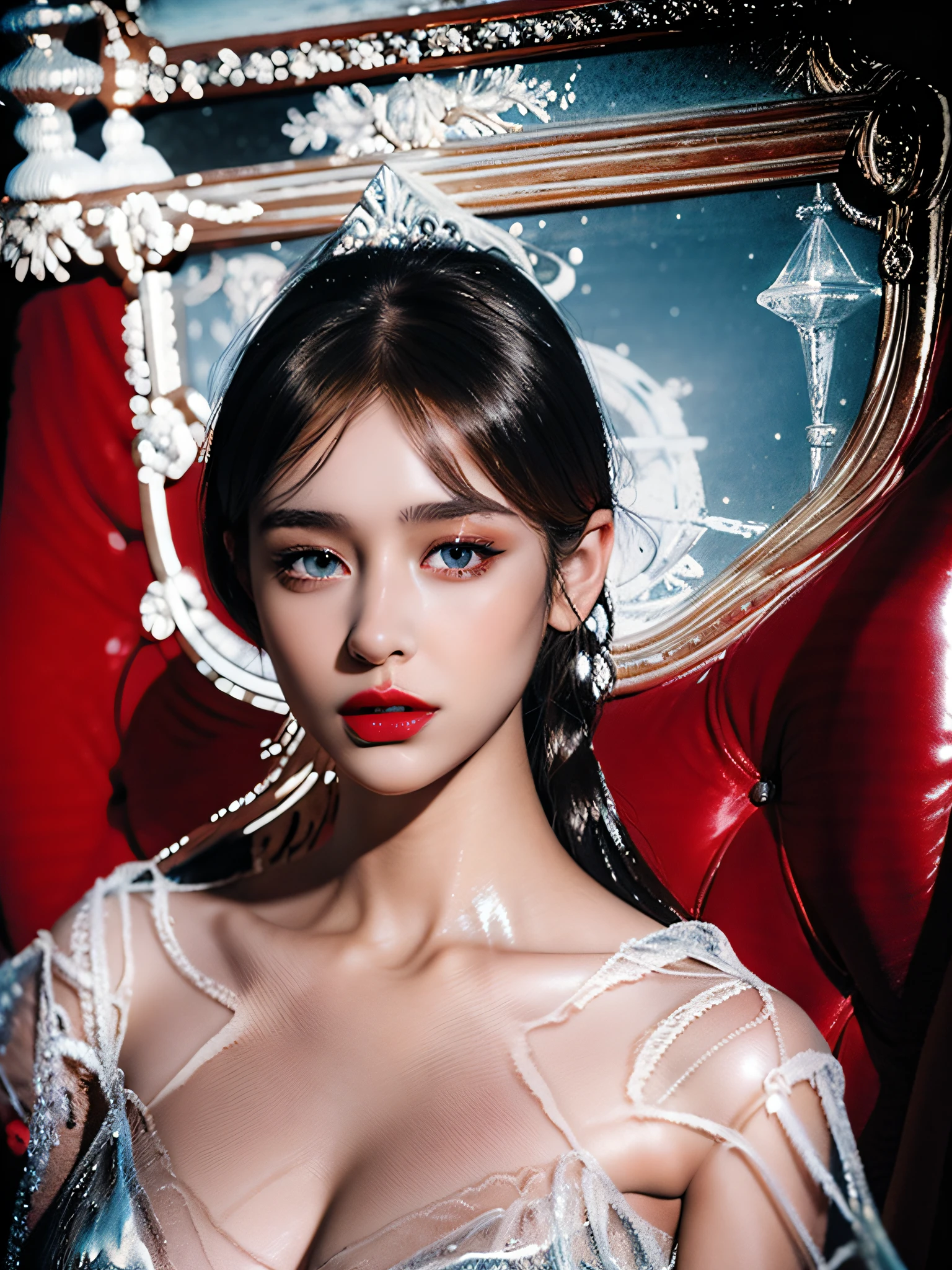 intricate and insanely detailed ice crystal painting with fine ink and detailed smokey light, crystals water droplets, cinematic, dramatic contrast, volumetric lighting, simple detail, sharp focus, hyperrealistic high gloss 32k UHD OLED digital painting, detailed painting youthful goddess of glass and crystal, high gloss eyes, specular lip gloss, wine red lips, concept art by El Greco