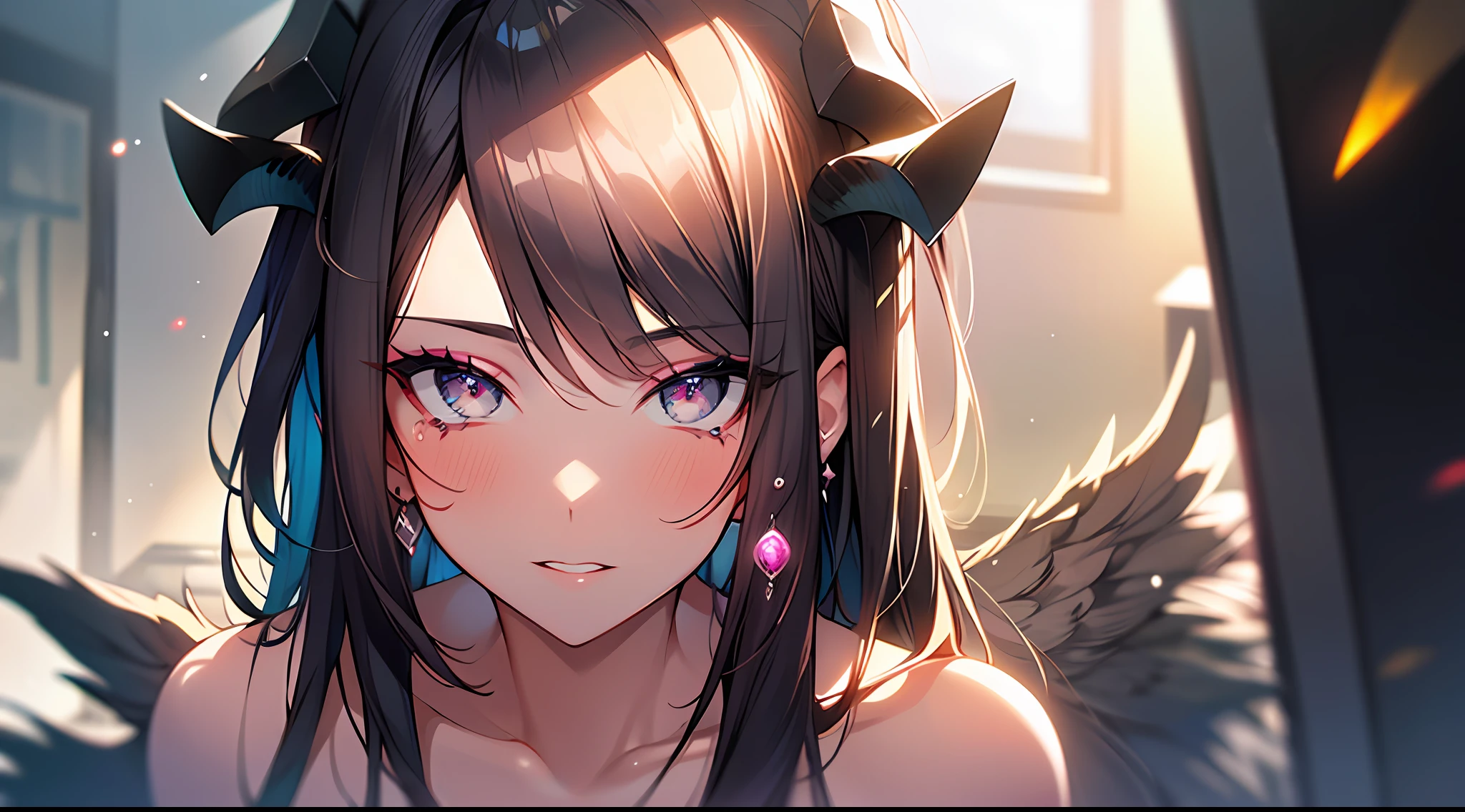 (Masterpiece:1.2), best quality, (illustration:1.2), (ultra-detailed),Eye focus,(Masterfully crafted Glow, pink lens flare), (Cinematic background), hyper details, (delicate detailed), (intricate details),in the air, octane render, hdr, (hyperdetailed:1.15), (soft light:1.2), 1girl, beautiful girl, ultra detailed eyes, mature, plump, thick, rainbow painting drops, paint teardrops, woman made up from paint, entirely paint, splat, splash, outdoors, (bioluminescent hair:1.1),(glowing eyes), ((makeup)),(Cinematic masterpiece), fierce, powerful, splashes of colour absolutely eye-catching, (Cinematic headlight), light coming from above, growing shadows, ((caustic)), dynamic angle, beautiful detailed glow, ambient occlusion, ambient light, raytraced reflections,(best illumination, an extremely delicate and beautiful), ((cinematic light)), (soft:2), (Nephilim:1.2), (halo), demon horns,(1 angel wing),1 demon wing, wings on back, half demon, demon ears, black wings, raven wings, (falling raven feathers), black hair, grey eyes, (red hair glow), (radiant aura),