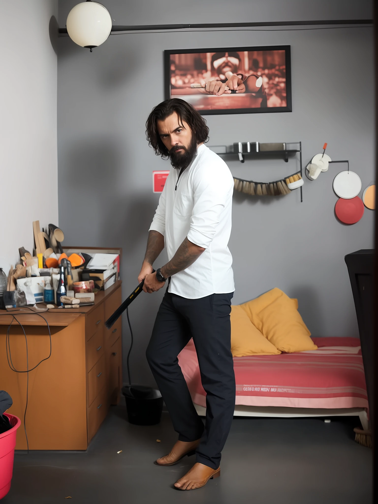 there is a man standing in a room with a broom, cinematic shoot, movie stills photography, real face 4k