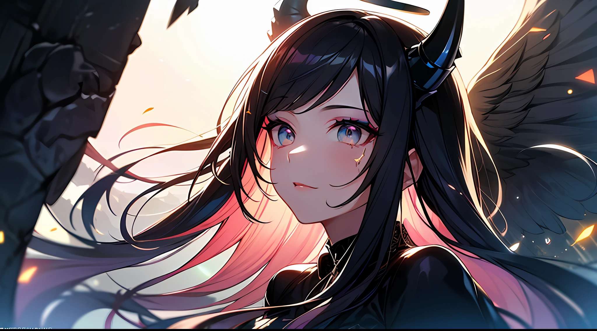 (Masterpiece:1.2), best quality, (illustration:1.2), (ultra-detailed),Eye focus,(Masterfully crafted Glow, pink lens flare), (Cinematic background), hyper details, (delicate detailed), (intricate details),in the air, octane render, hdr, (hyperdetailed:1.15), (soft light:1.2), 1girl, beautiful girl, ultra detailed eyes, mature, plump, thick, rainbow painting drops, paint teardrops, woman made up from paint, entirely paint, splat, splash, outdoors, (bioluminescent hair:1.1),(glowing eyes), ((makeup)),(Cinematic masterpiece), fierce, powerful, splashes of colour absolutely eye-catching, (Cinematic headlight), light coming from above, growing shadows, ((caustic)), dynamic angle, beautiful detailed glow, ambient occlusion, ambient light, raytraced reflections,(best illumination, an extremely delicate and beautiful), ((cinematic light)), (soft:2), (Nephilim:1.2), (halo), demon horns,(1 angel wing),1 demon wing, wings on back, half demon, demon ears, black wings, raven wings, (falling raven feathers), black hair, grey eyes, (red hair glow), (radiant aura),
