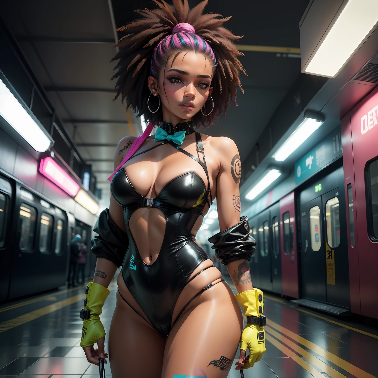 gostaria de uma imagem estilo cyberpunk em 4k de uma Mulher negra  de mais ou menos 30 anos , forte, de pele negra ,rosto sexy com cabelo punk estilo anos 90 na cor do cabelo amarelo e azul muito elegante, futurista e estilo neon , com uma tatuagem super colorida e com neon ,Toattoo, facing a metro station on the platform , with station lights failing in a dimly lit environment, standing dressed in a dark yellow leather outfit with a pink bow tie