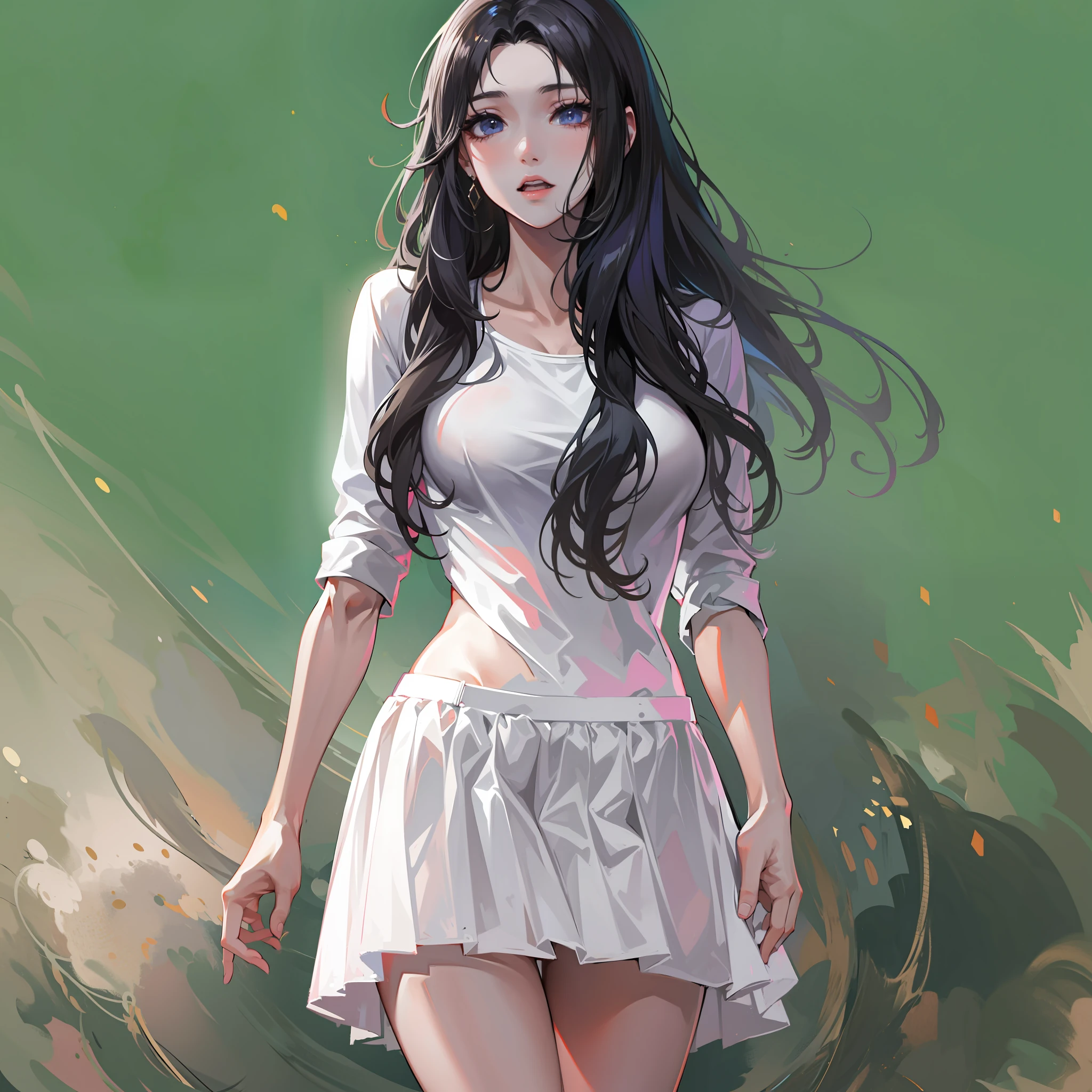 hyper HD, Masterpiece, Textured skin, Super detail, High details, High quality, Best quality, A high resolution, 8K, 16k，full body,1girl,wearing a white skirt with long black hair，realistic face,realism, a character portrait, （white background:1.5)