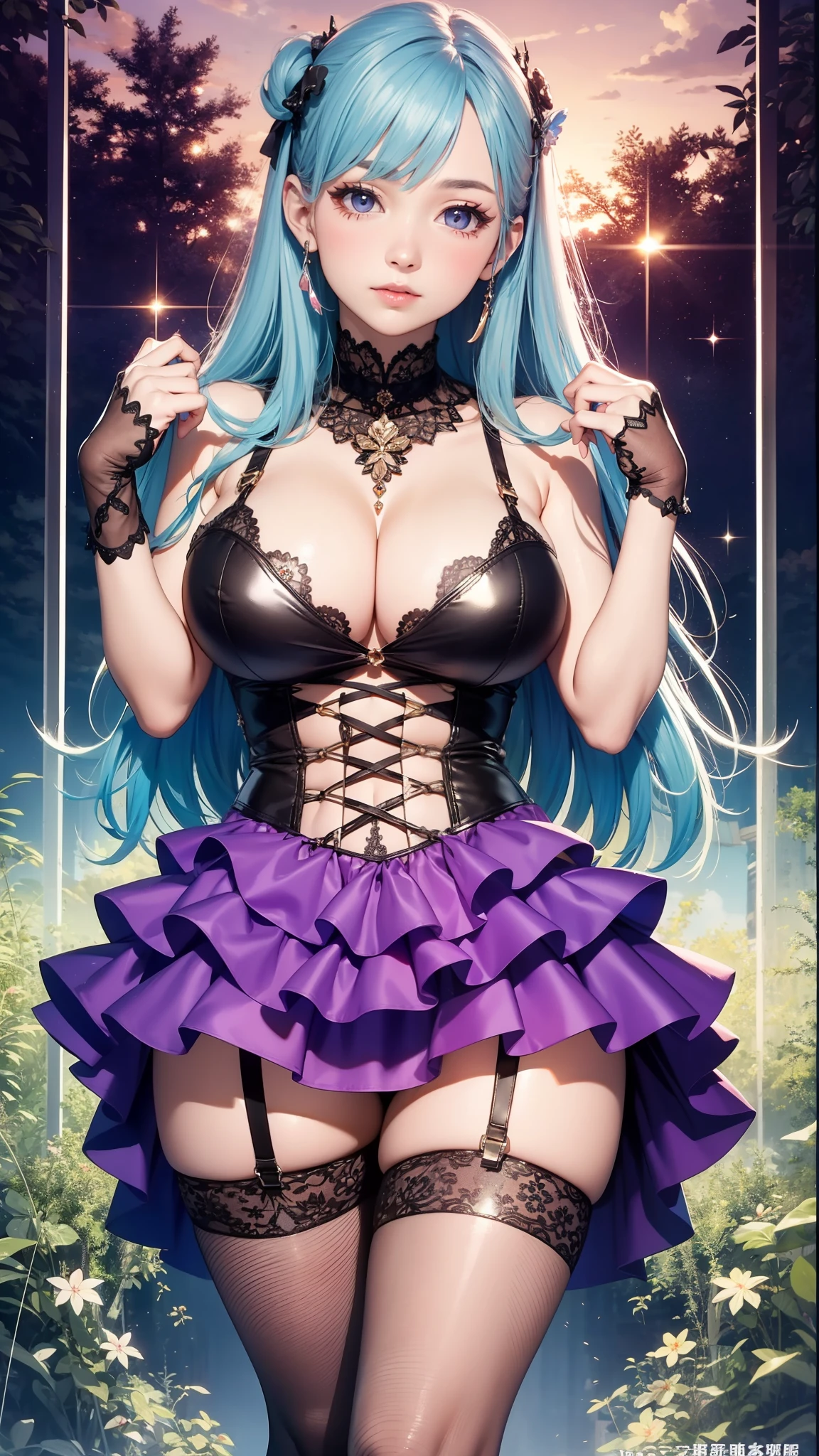 realisticlying, Hyper-detailing, Girls Only, (Layered Bob:1.3), 动态照明, ((sexyposture)), (Glow skin: 1.5), tmasterpiece, top-quality, absurderes, watch audience, Blue and pink hair,Long hair and waist, deep Purple Clear Eyes,((big breasts beautiful,A detailed eye,gem-like eyes,Colorful eyes,sparkle eyes:1.3)), slenderness, A high resolution, tack sharp focus, depth of fields, detailedeyes, sharp sharp eyes, (photorealistic eye)), Outdoor riverside, sunrise sky, (laced dress,The design is charming and sophisticated,(Intricately patterned tops and skirts):1.3)),Lace suspender stockings,big breasts thin waist,thick leg,Big fat ass,Full body photo