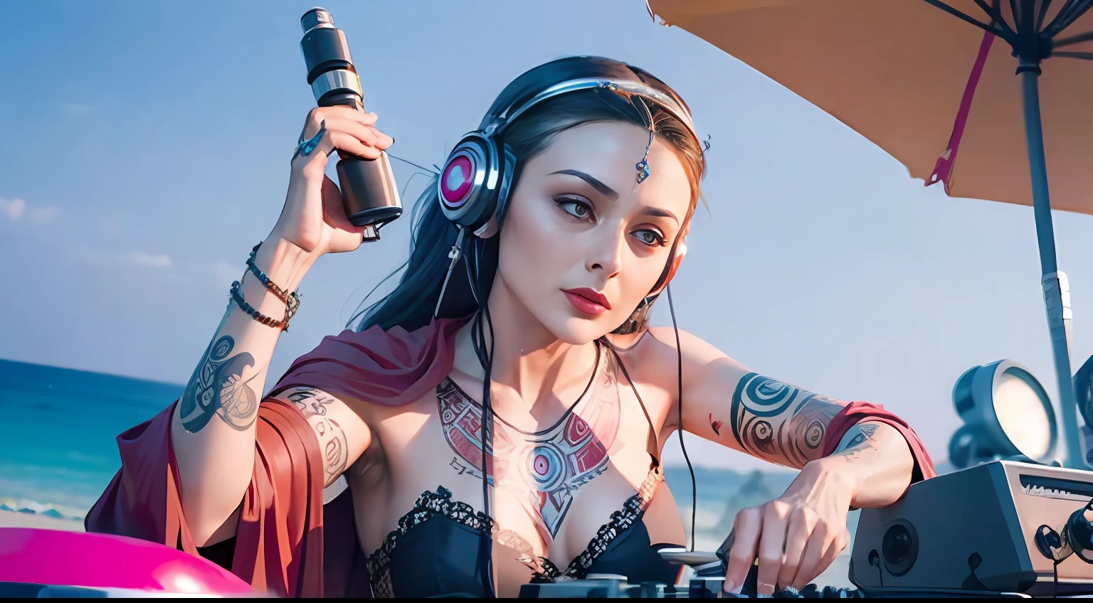 Tantric priestess Woman with tattoos ,percings y una mascara de ironman mezclando musica en una tornamesa de dj en la playa foto ultrarealista --auto