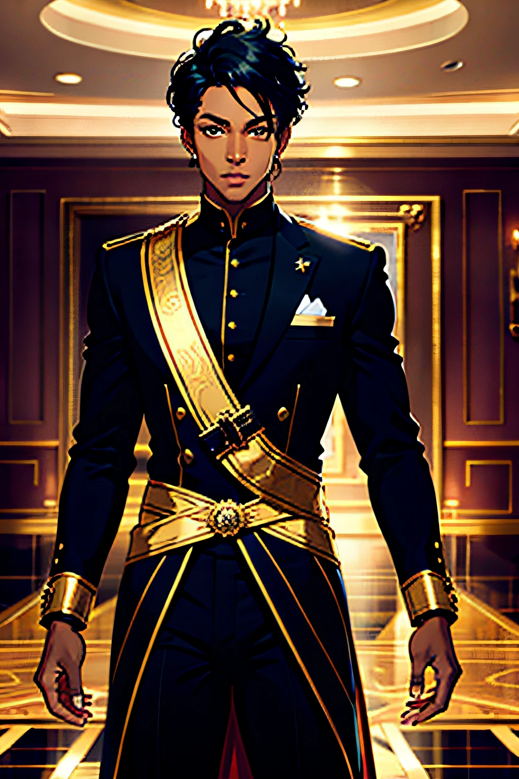 handsome black man in open prince costume shirtless,black skin,gold accents,empty royal ballroom,high detail,fantasy,black skin