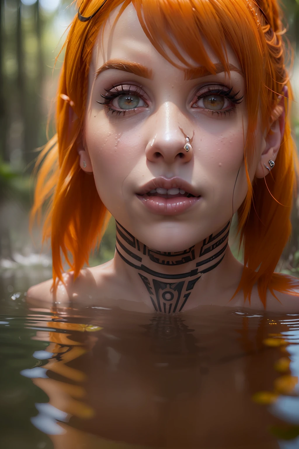 (((Hayley Williams))), ((Hayleys Williams badet nackt in einem See im Wald)), ((schlanke Frau), (kleiner Kopf), ((detailliertes Gesicht)), (fotorealistisch), (Raytracing), (scharfer Fokus), ((natural realistic skin texture))