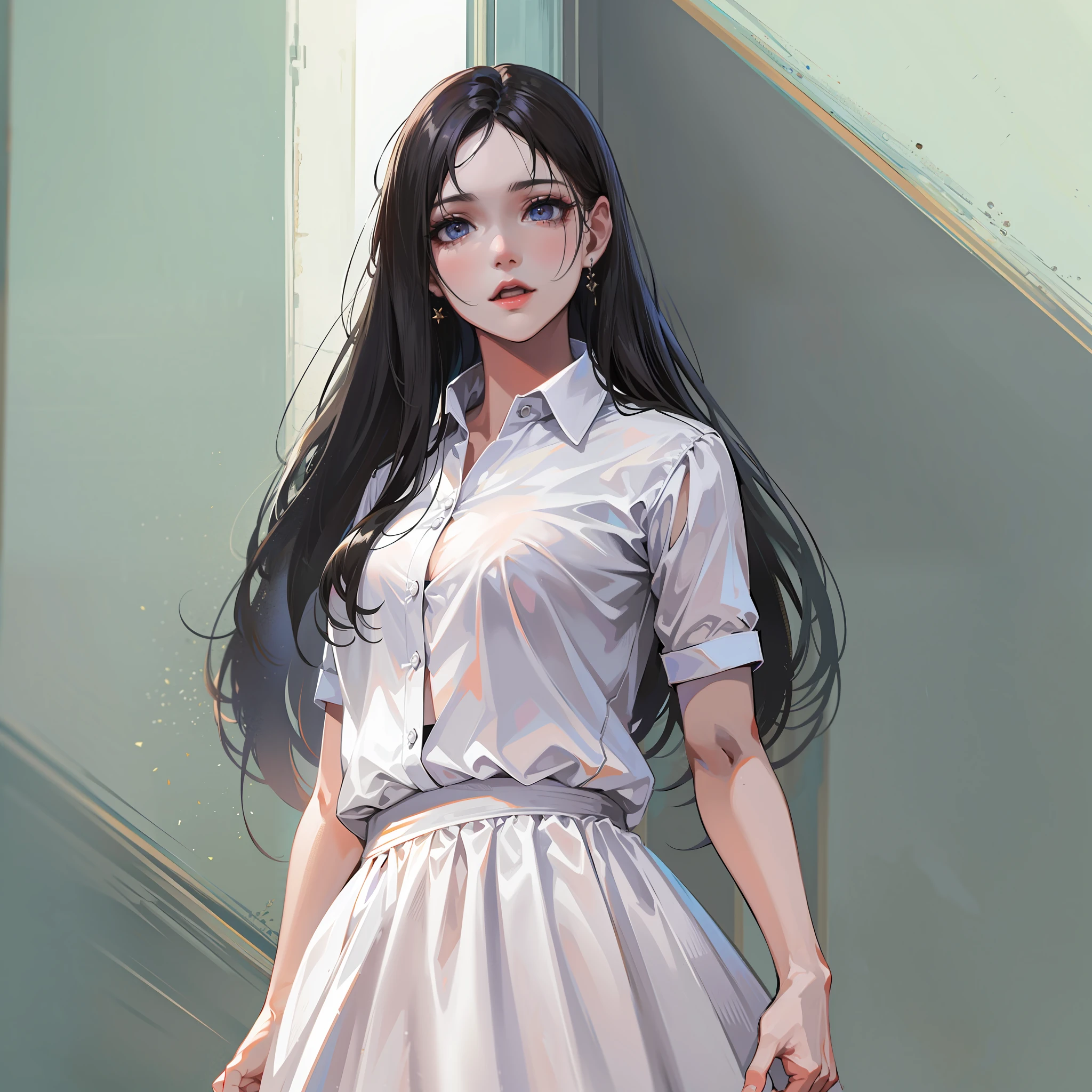 hyper HD, Masterpiece, Textured skin, Super detail, High details, High quality, Best quality, A high resolution, 8K, 16k，full body,1girl,wearing a white skirt with long black hair，realistic face,realism, a character portrait, （white background:1.5)