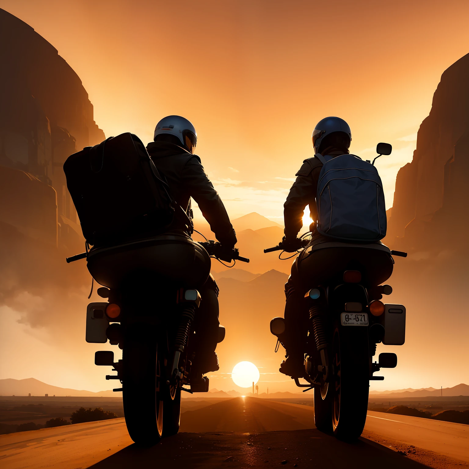 Two Riders of the Time riding side by side on two cool motorcycles into the dusty cloudy orange sunset in a desolated valley on a path leading to a futuristic city scape on the horizon into a large dome of clear blue sky. camera from behind