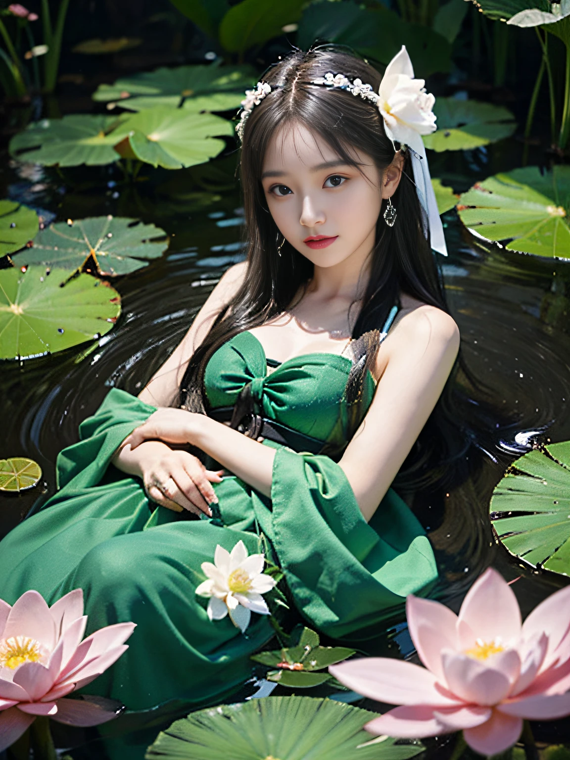 1girll，light  smile，（Green dress），（Lotus pond），（lotus flower：1.3），（butterflys：1.4），（Paper fan），（floating leaf），（ventania），（Lie down），（Transparent water：1.1），（rays of moonlight：1.3），（peacefulatmosphere：1.4），（wide wide shot），（from the above），（green colored theme：1.2），She stands in the middle of the lotus pond，ssmile，pervert smirk，glittery，Redlip，A girl dressed in beautiful Hanfu，Perfect match with the surrounding landscape。  beautiful night，Moonlight reflected in the water，Creates a peaceful atmosphere。  The green theme dominates the scene，Emerald and emerald shades highlight the natural beauty of the pond。  Rippled water and moonlight add to the tranquil mood，Make it the perfect place to relax and reflect。