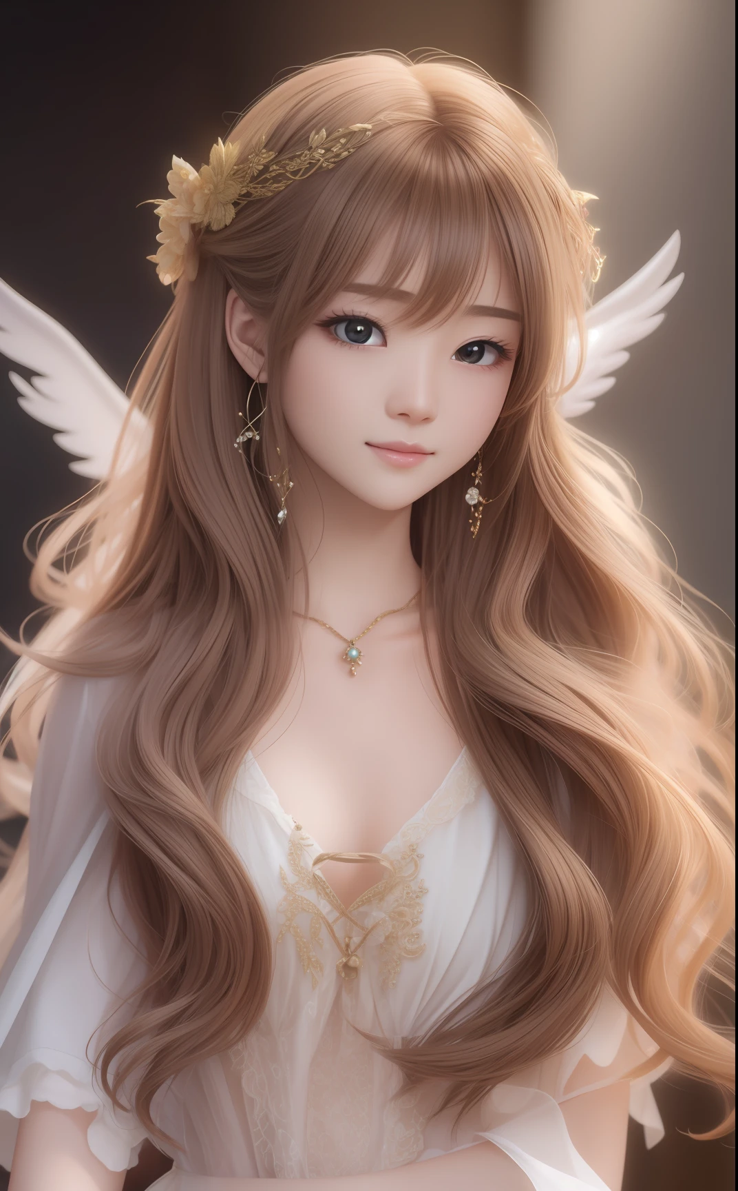 Fairy Angel、Nice perfect face with soft skin、Gorgeous wavy long brown hair、8K分辨率、A hyper-realistic、ultra-detailliert、hightquality、