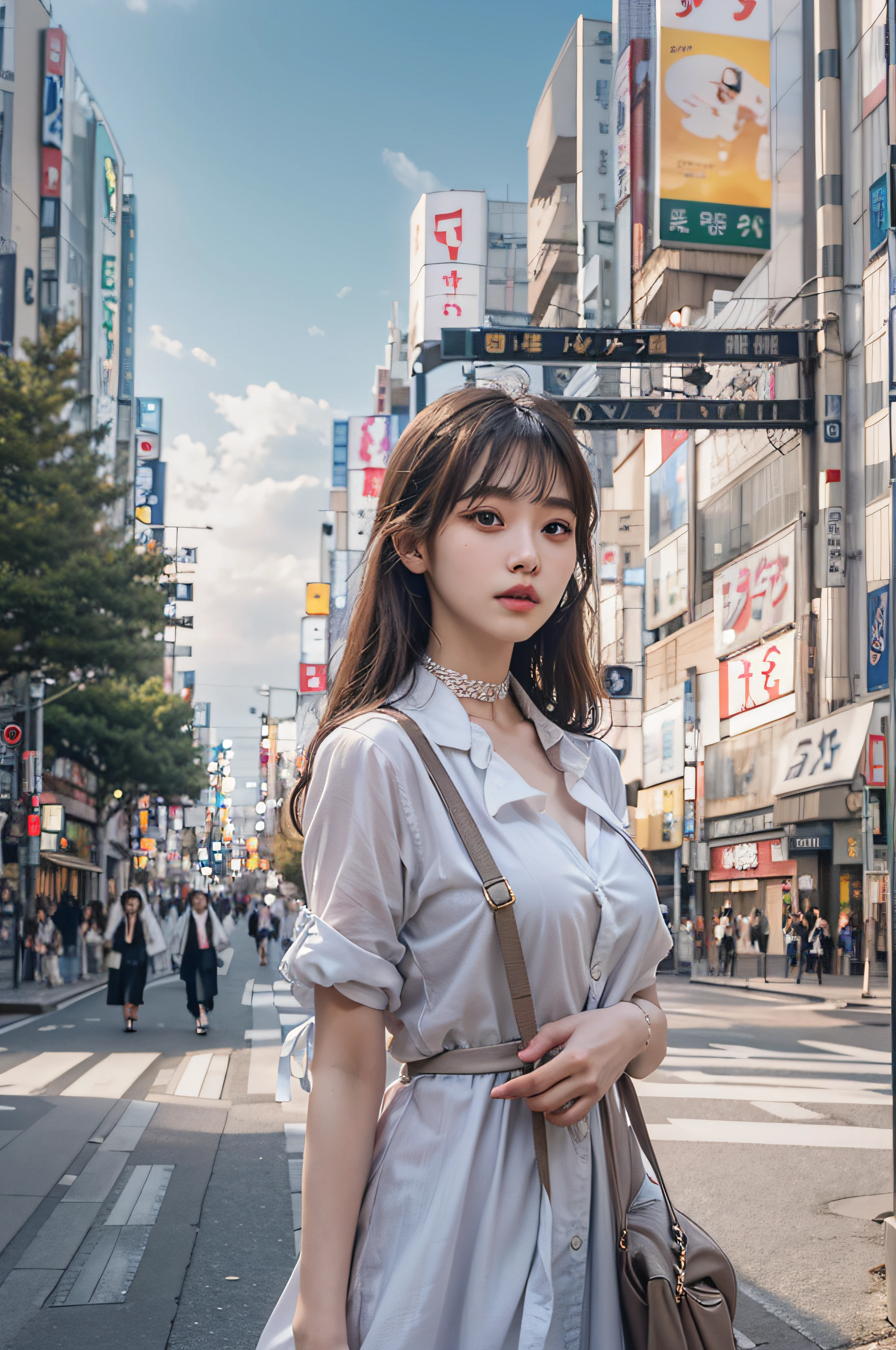Best Quality Detail:1.2, realisitic, 8K UHD, hight resolution, 1girl in:1.2, The ultra-detailliert, High quality textures, intricate detailes, detaileds, Very detailed CG, High quality shadows, Detail Beautiful delicate face, Detail Beautiful delicate eyes, depth of fields, Ray traching, in her 20s, Pretty Kpop Girl, Korean Urzan Face:1.1, Slender face, ulzzang -6500-v1.1:0.6, pureerosface_v1, gloweyes, teak, Glossy lips, perfectbody, a choker、cleavage of the breast、 Brown hair、poneyTail:1.1, Street, Particle, look at viewr, Photorealsitic:1.4, ultra-detailliert, photos realistic, 4K 8K UHD Full Color RAW Photos, Fuji Film(Medium format:1.2), Hasselblad:1.2, Carl zeiss:1.1, Incredible dynamic range photography(UTIL_Art by Smoose-768:1.1), hight resolution, High pixel count, clear details, crisp image, Natural color reproduction, Noise Reduction, High fidelity, qulity, Software Improvements, Upscaling, Optimized algorithms, Pro-level retouching、((Shibuya, tokyo prefecture))、On the way to shopping、((Fashionable clothes with a very high design))、shirt dress: Oversized Shirt Dresses、Simple and fashionable style