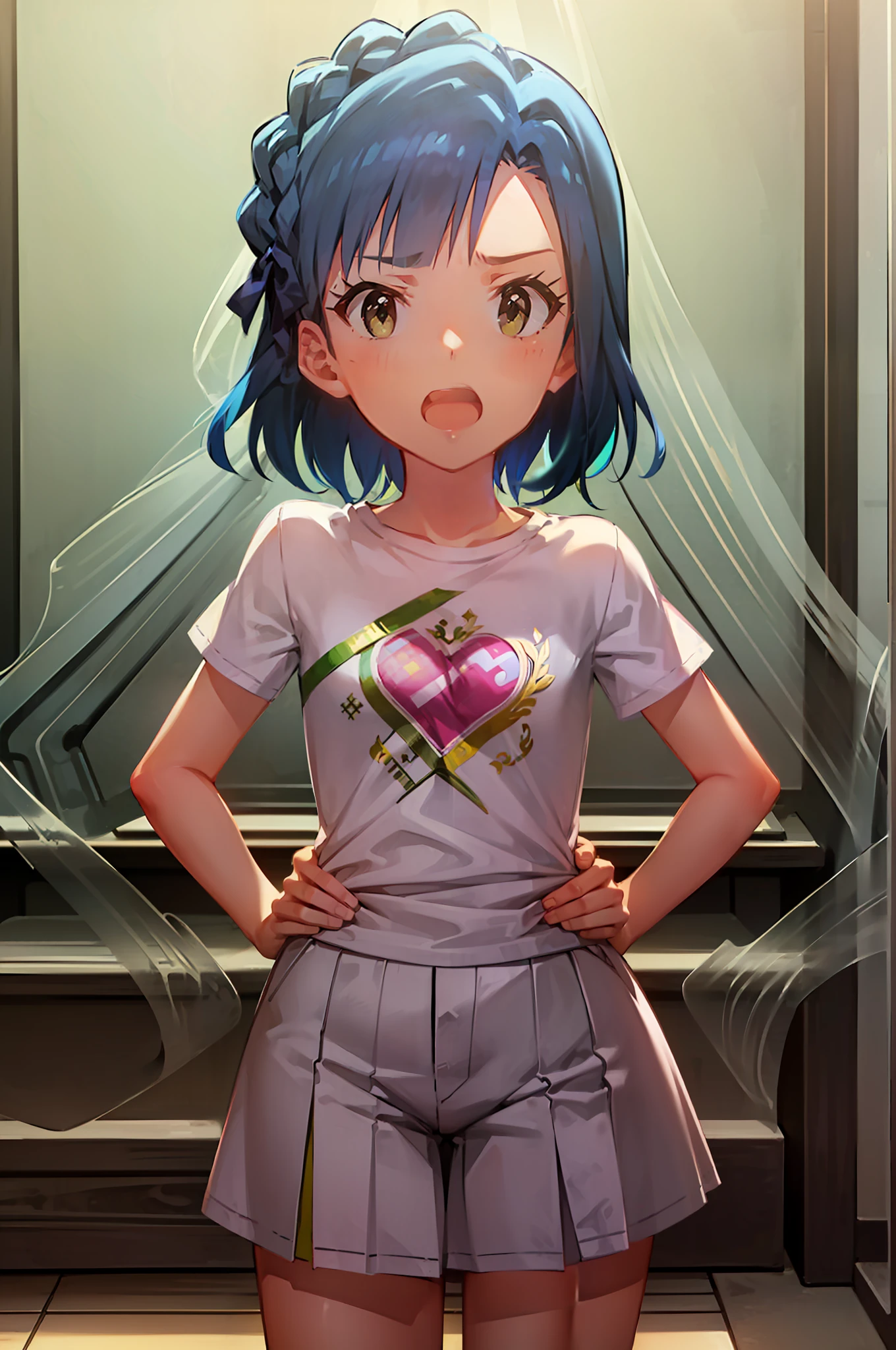 yuriko nanao (million live). Short stature. (((white t-shirts))).Skirt.(((masterpiece))).(((best quality))).((Ultra-detailed))).(((illustratio))). (((put hands on the hip))).(((a room))).(((make a fist))).(((up chest))).Despair face.(((short-hair))).((Medium chest)).((Opening Mouth)).