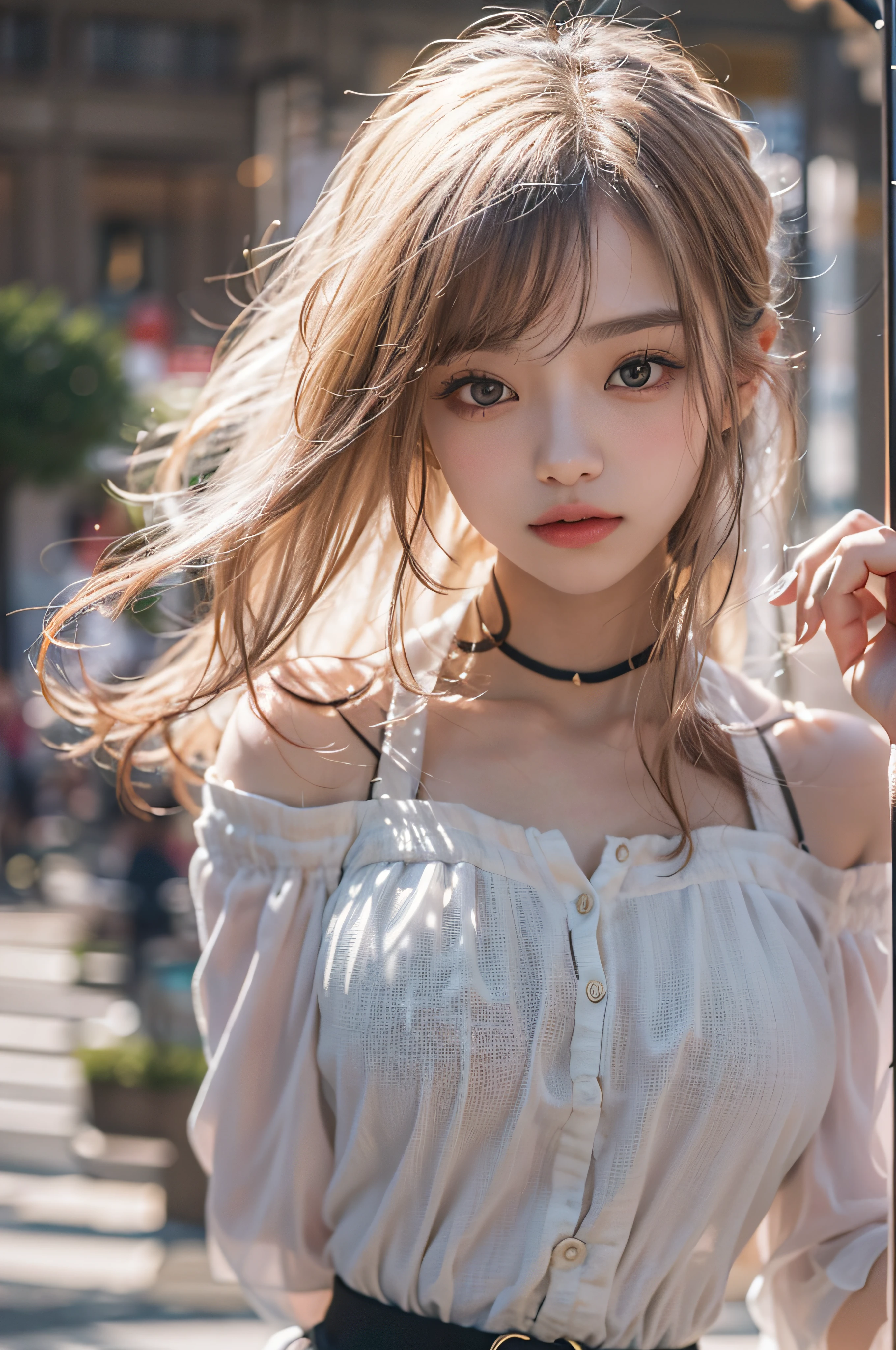 Best Quality Detail:1.2, realisitic, 8K UHD, hight resolution, 1girl in:1.2, The ultra-detailliert, High quality textures, intricate detailes, detaileds, Very detailed CG, High quality shadows, Detail Beautiful delicate face, Detail Beautiful delicate eyes, depth of fields, Ray traching, in her 20s, Pretty Kpop Girl, Korean Urzan Face:1.1, Slender face, ulzzang -6500-v1.1:0.6, pureerosface_v1, gloweyes, teak, Glossy lips, perfectbody, a choker、cleavage of the breast、 Brown hair、poneyTail:1.1, Street, Particle, look at viewr, Photorealsitic:1.4, ultra-detailliert, photos realistic, 4K 8K UHD Full Color RAW Photos, Fuji Film(Medium format:1.2), Hasselblad:1.2, Carl zeiss:1.1, Incredible dynamic range photography(UTIL_Art by Smoose-768:1.1), hight resolution, High pixel count, clear details, crisp image, Natural color reproduction, Noise Reduction, High fidelity, qulity, Software Improvements, Upscaling, Optimized algorithms, Pro-level retouching、((Shibuya, tokyo prefecture))、On the way to shopping、((Fashionable clothes with a very high design))、shirt dress: Oversized Shirt Dresses、Simple and fashionable style