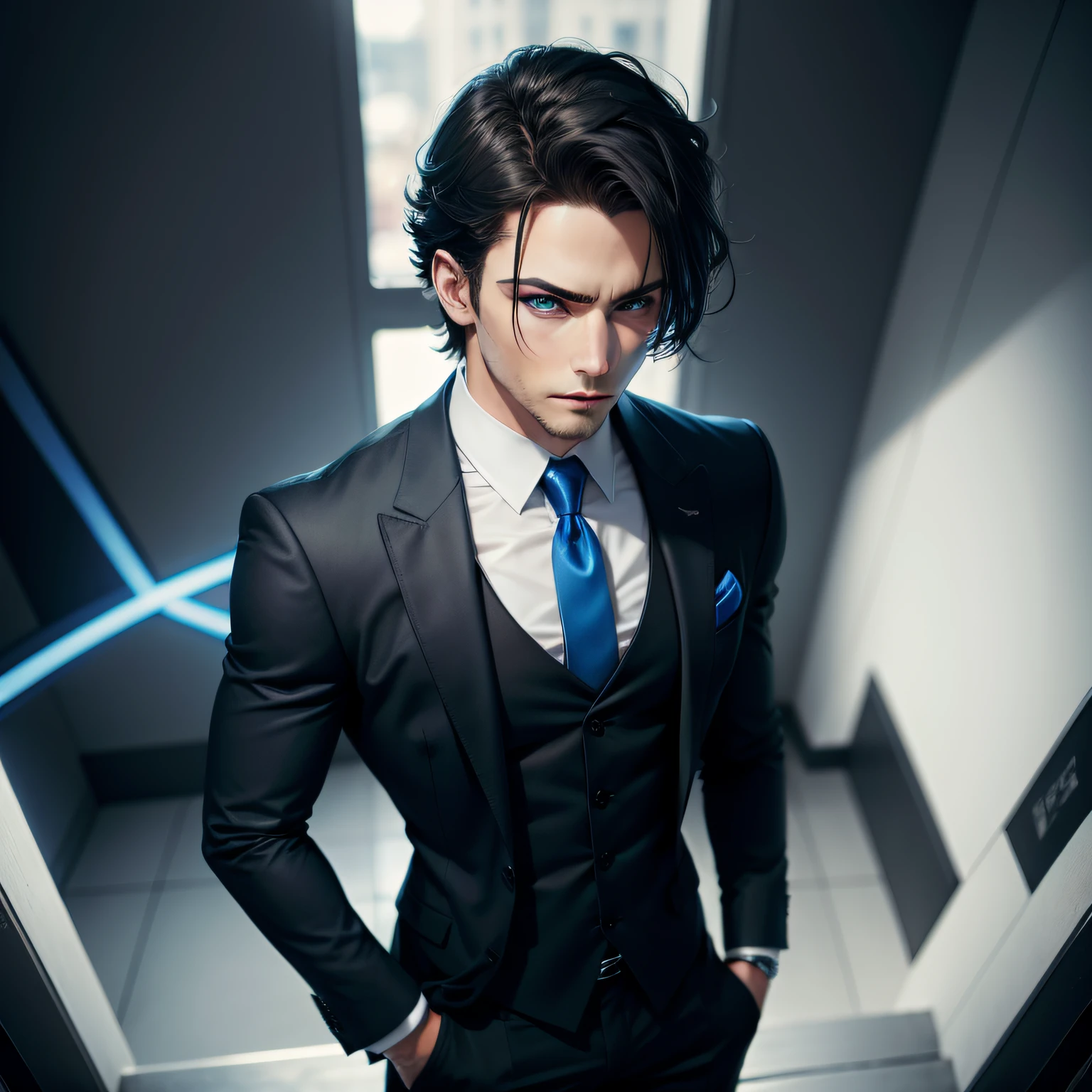 Male black suit with blue eyes