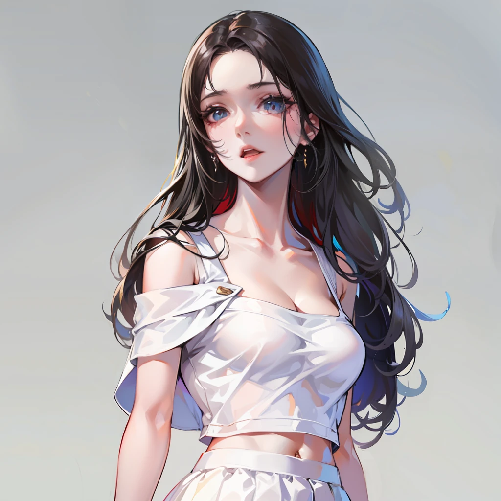 hyper HD, Masterpiece, Textured skin, Super detail, High details, High quality, Best quality, A high resolution, 8K, 16k，full body,1girl,wearing a white skirt with long black hair，realistic face,realism, a character portrait, （white background:1.5)