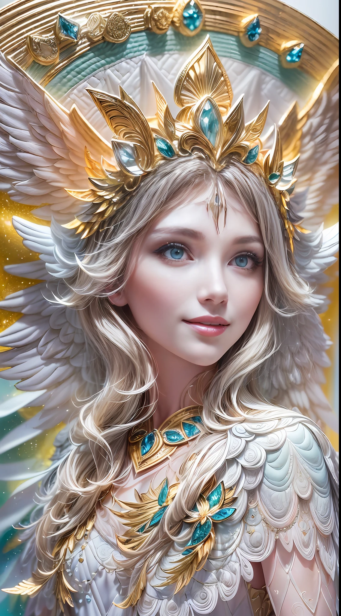 (full body shot of:1.4),  White background, (1 Angel Girl,shiny wings, Halo, Exquisite headdress, Smile), (3Drenderingof，paper art, Quilted paper art, geomerty), (Extremely colorful, Best quality, Detailed details, Masterpiece, offcial art, movie light effect, 4K, Chiaroscuro)