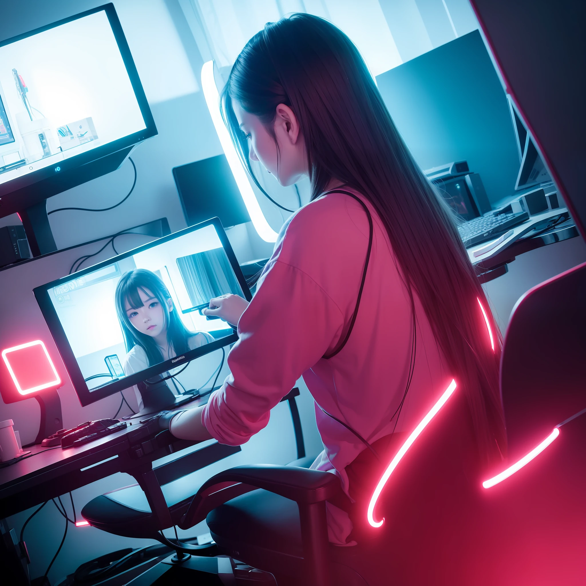 ((best quality)), ((masterpiece)), 1girl, gaming room, neon lights, led lighting, hacker, red room