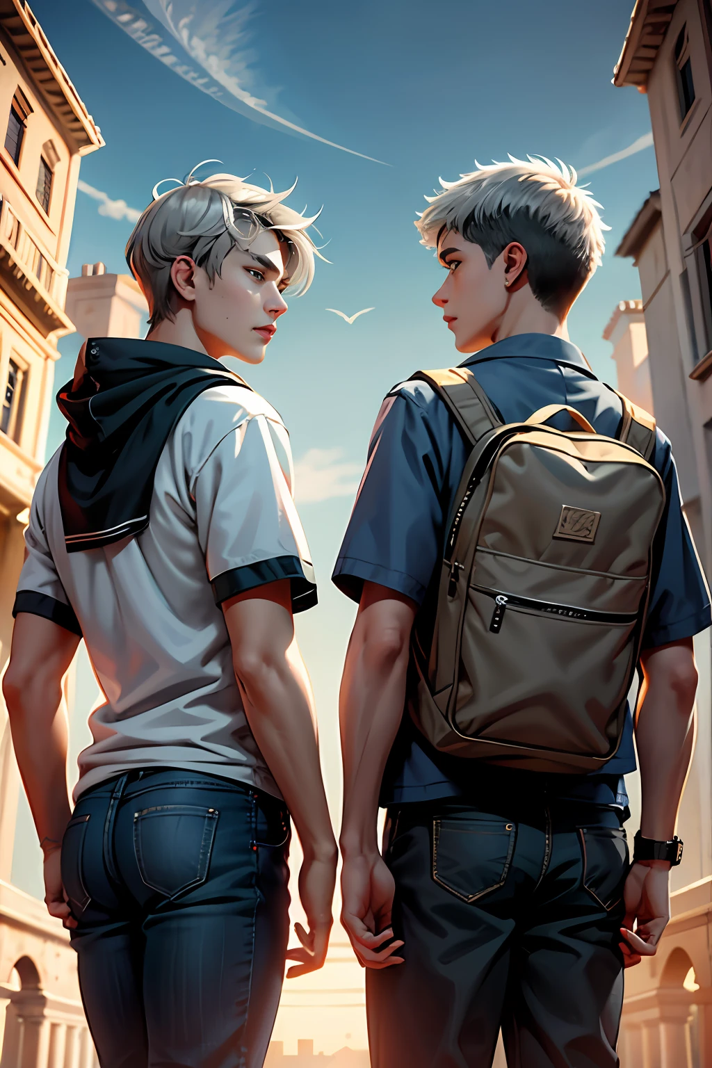 Two -yeld tege friends with Latin skin and light gray hair at school are talking about an important topic are friends almost like brothers.........Magnificent background of the sky, dramatic, hermoso, premiado, obra maestra,