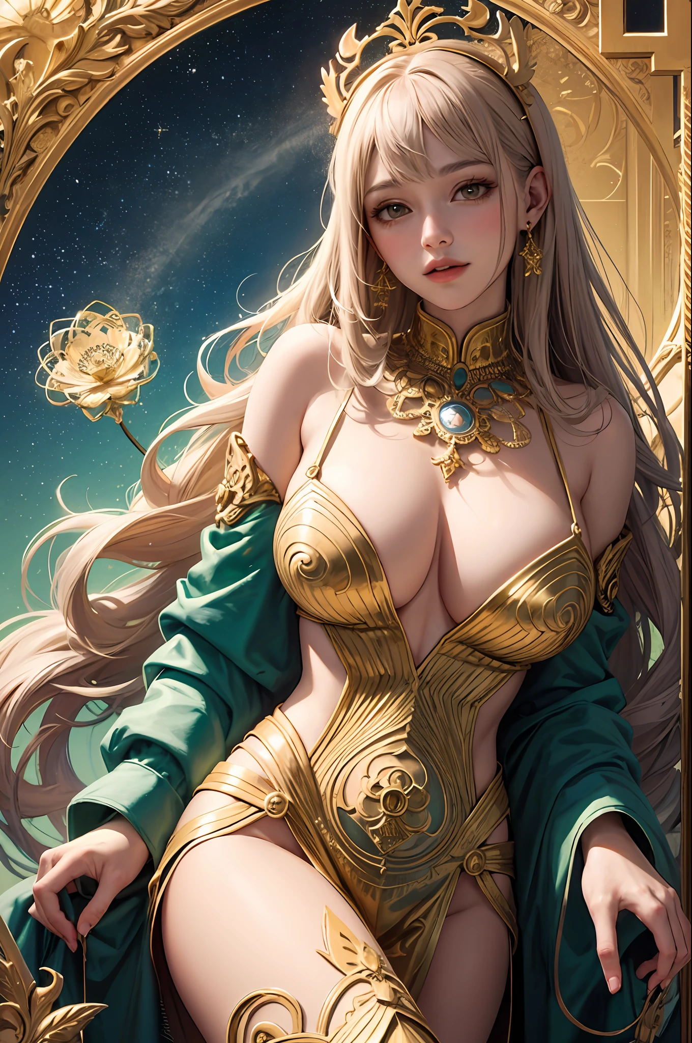 (master-piece, top-quality, bestquality, official art, Beautiful and aesthetic: 1.2), (1girl),  huge breast, Very large size, Very detail, colorfully, maximum detail, official art, Unity 8k壁纸, ultra-detail, beautiful and beautiful, master-piece, bestquality, (zentangle, mandala, tangle, entangle), holy light, gold foil, gold leaf art, glitter drawing, PerfectNwsjMajic