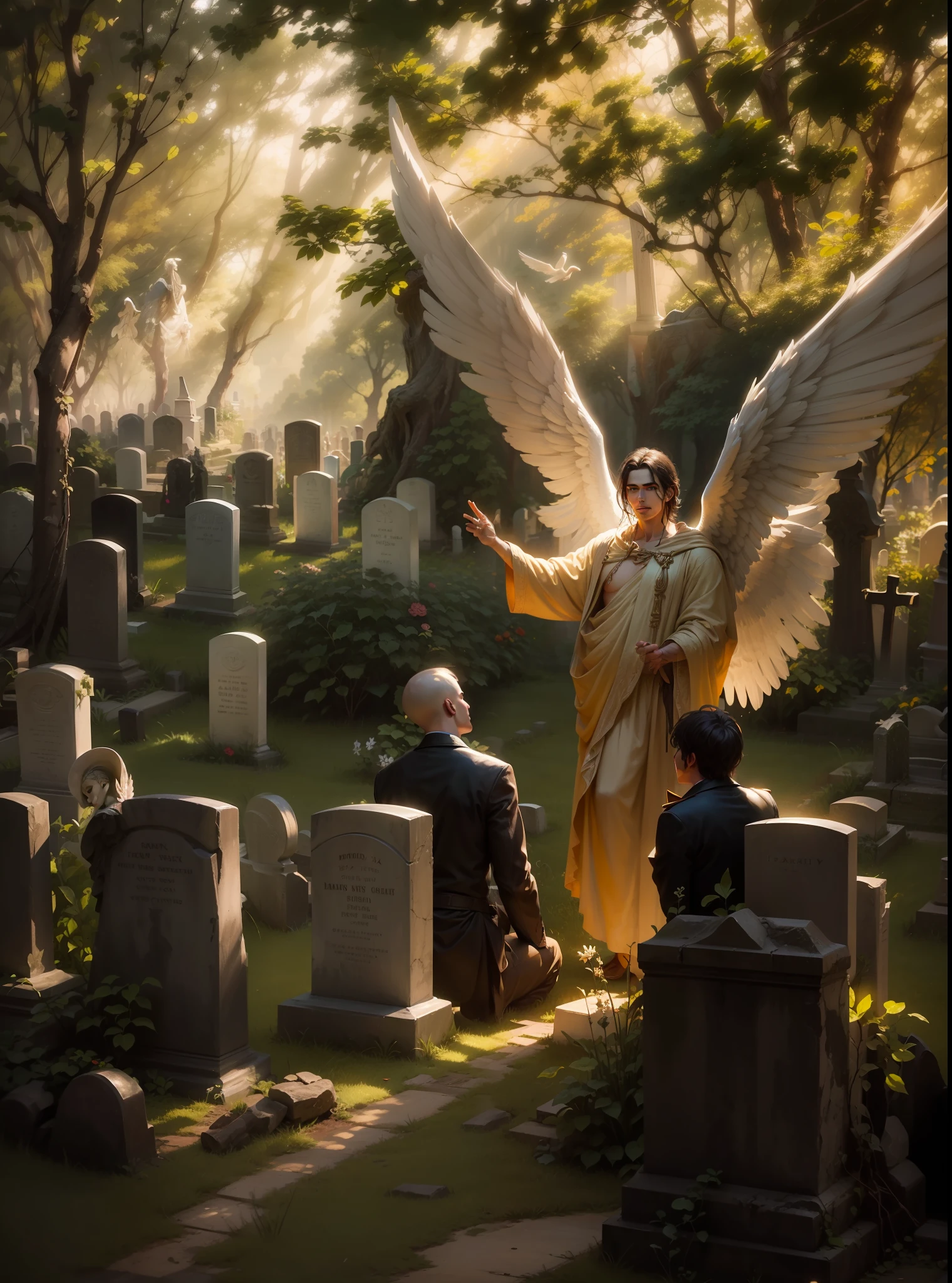 Realistic male angel in a cemetery, e pessoas saindo de suas sepulturas, imagem realista, image with very high quality, Very high resolution image, image with great lighting