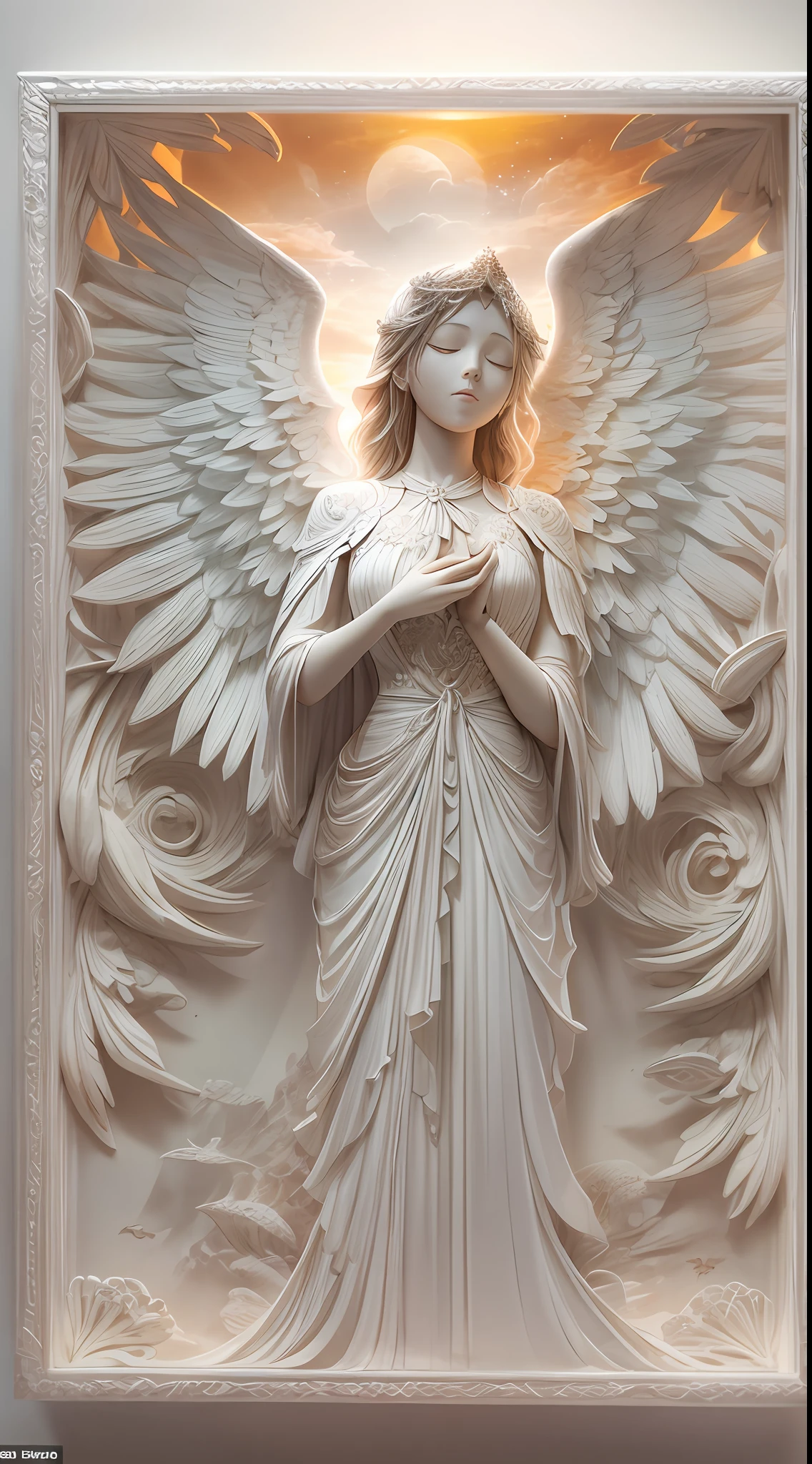 (illustration: 1.3),( paper art: 1.3), 3D rendering of, Beautiful Angel Close your eyes, the sea, Sunset beach, Best quality, Detailed details, Masterpiece, offcial art, movie light effect, 4K, Chiaroscuro , Flash