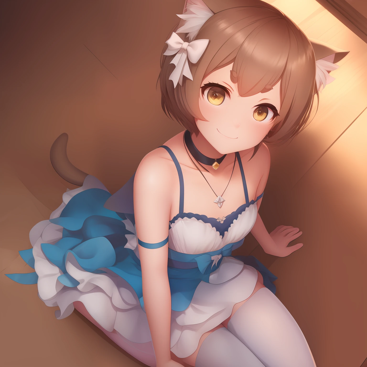1boy, :3, animal_ears, aqua_bow, arm_support, bare_shoulders, bob_cut, bow, brown_hair, cat_ears, choker, closed_mouth, clothes_pull, collarbone, commentary, crossdressing, detached_sleeves, downblouse, dress, dress_pull, eyelashes, felix_argyle, flashing, flat_chest, frills, from_above, hair_bow, jewelry, light_brown_hair, looking_at_viewer, maisaki, male_focus, , otoko_no_ko, pendant, re:zero_kara_hajimeru_isekai_seikatsu, sash, short_eyebrows, short_hair, sitting, sleeveless, sleeveless_dress, smile, solo, strap_slip, white_bow, yellow_eyes