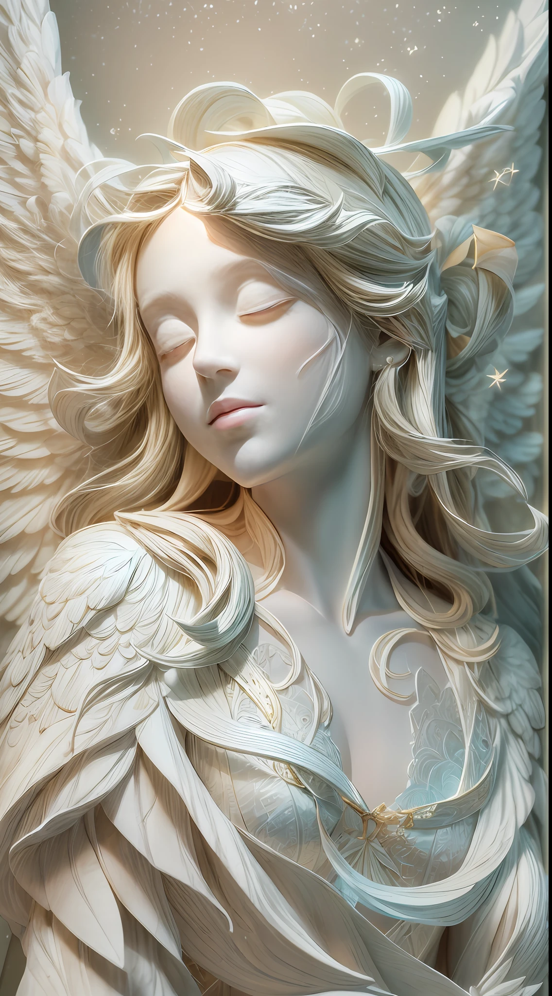 illustration: 1.3),（ paper art: 1.3), 3D rendering of, Beautiful Angel Close your eyes, Star Moon Best quality, Detailed details, Masterpiece, offcial art, movie light effect, 4K, Chiaroscuro , Flash