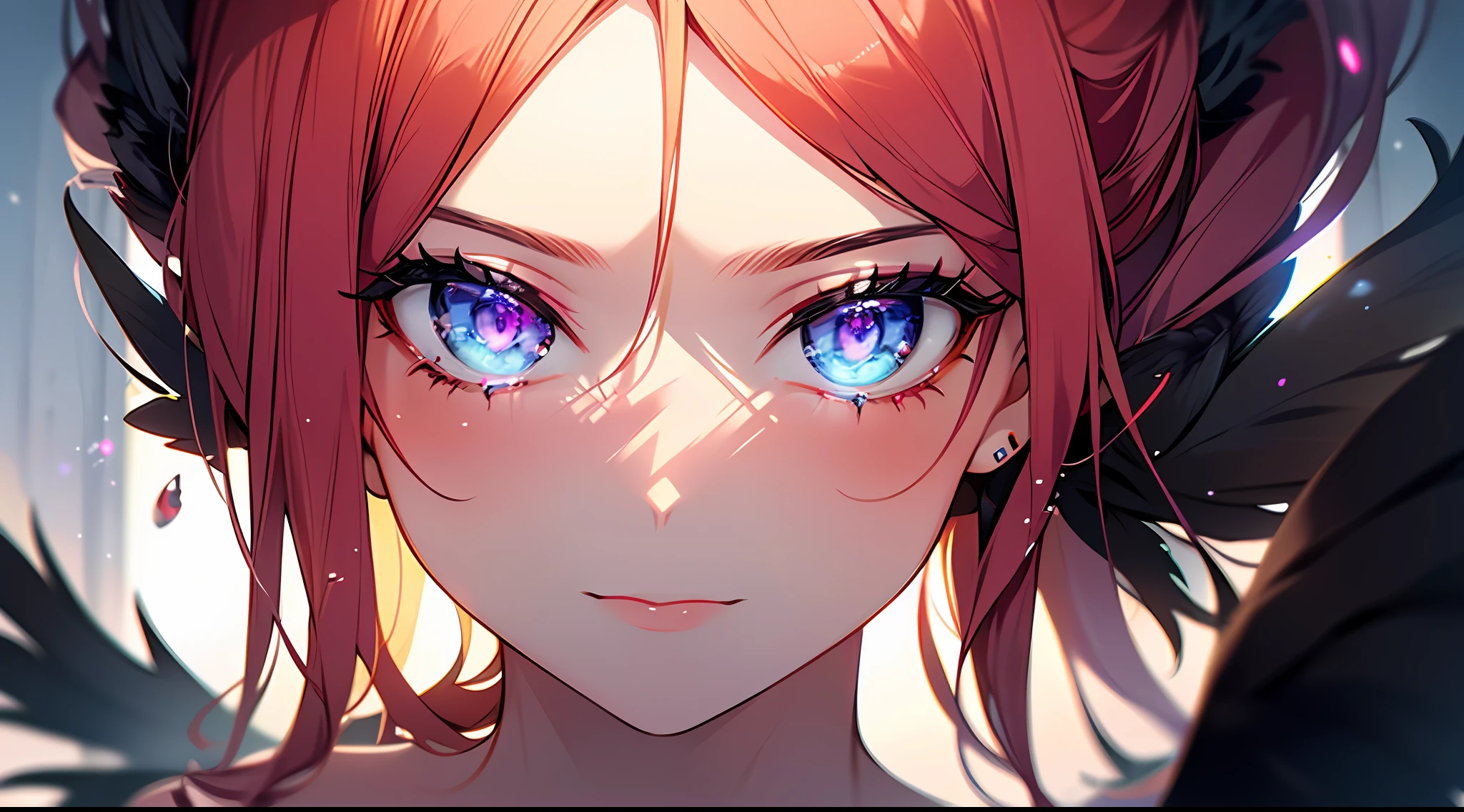 (Masterpiece:1.2), best quality, (illustration:1.2), (ultra-detailed),Eye focus,(Masterfully crafted Glow, pink lens flare), (Cinematic background), hyper details, (delicate detailed), (intricate details),in the air, octane render, hdr, (hyperdetailed:1.15), (soft light:1.2), 1girl, beautiful girl, ultra detailed eyes, mature, plump, thick, rainbow painting drops, paint teardrops, woman made up from paint, entirely paint, splat, splash, outdoors, (bioluminescent hair:1.1),(glowing eyes), ((makeup)),(Cinematic masterpiece), fierce, powerful, splashes of colour absolutely eye-catching, (Cinematic headlight), light coming from above, growing shadows, ((caustic)), dynamic angle, beautiful detailed glow, ambient occlusion, ambient light, raytraced reflections,(best illumination, an extremely delicate and beautiful), ((cinematic light)), (soft:2), (Nephilim:1.2), (halo), demon horns,(1 angel wing),1 demon wing, wings on back, half demon, demon ears, black wings, raven wings, (falling raven feathers), black hair, grey eyes, (red hair glow), (radiant aura),